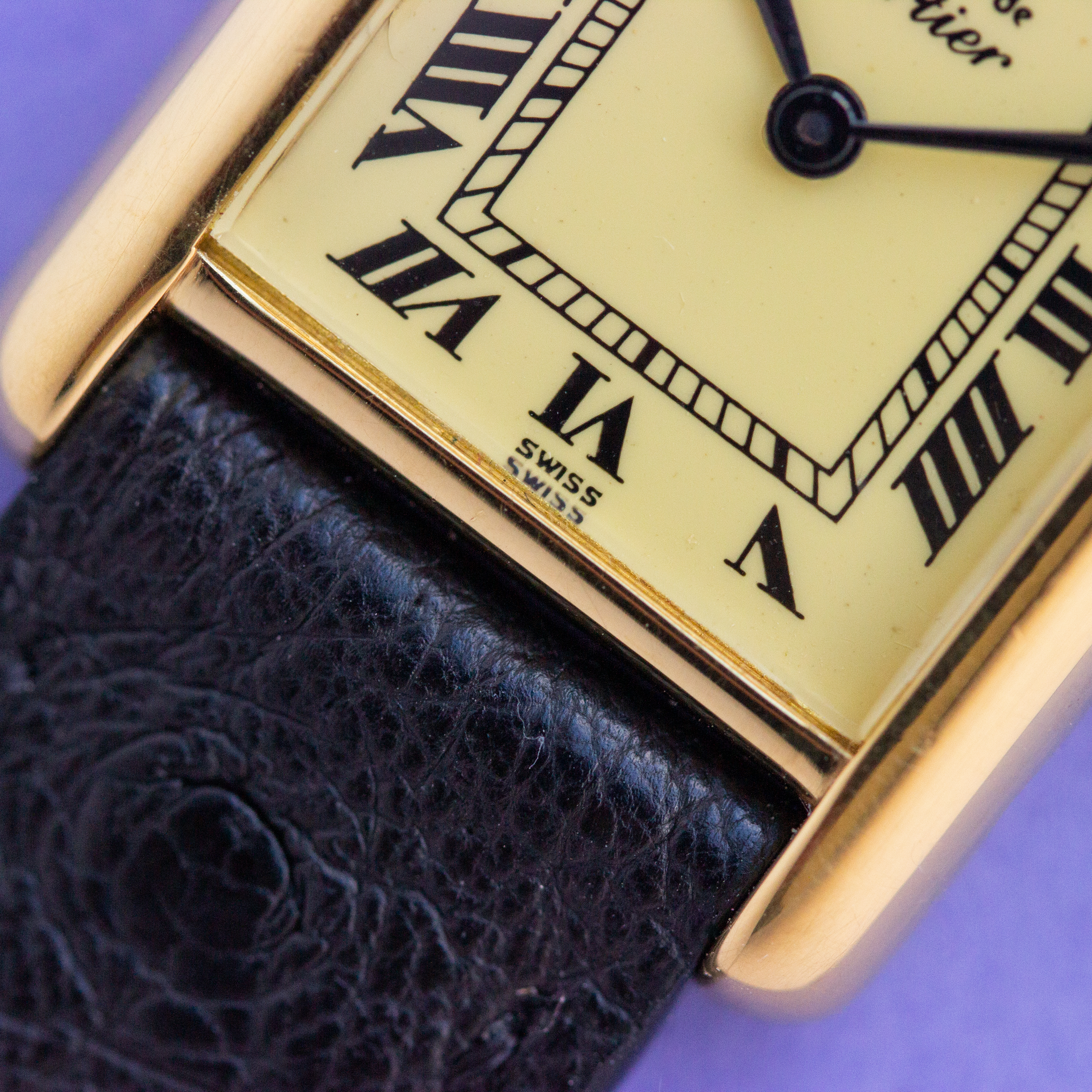 View of Cartier Must de Tank Vermeil Roman Lemon Dial