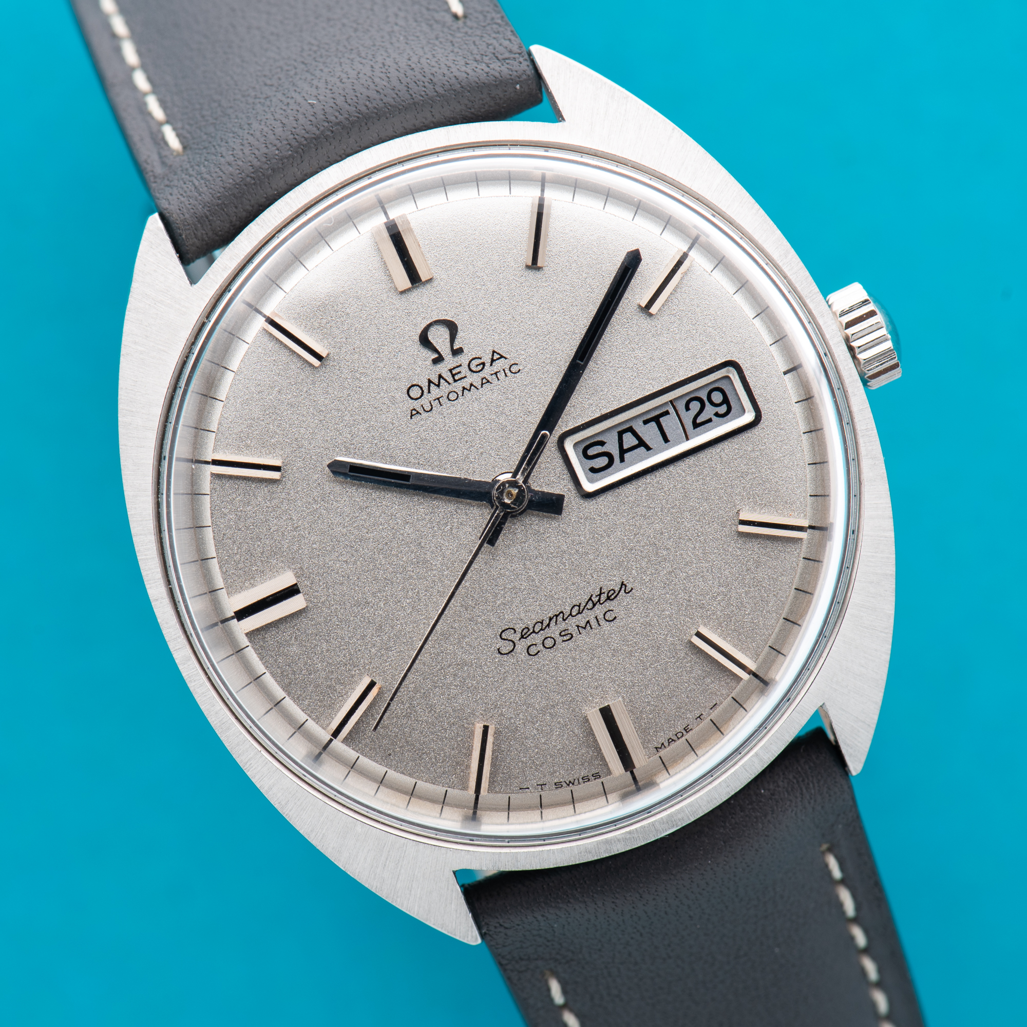View of Omega Seamaster Cosmic Day Date Automatic Star Dust Dial cal 752 Ref 166.036