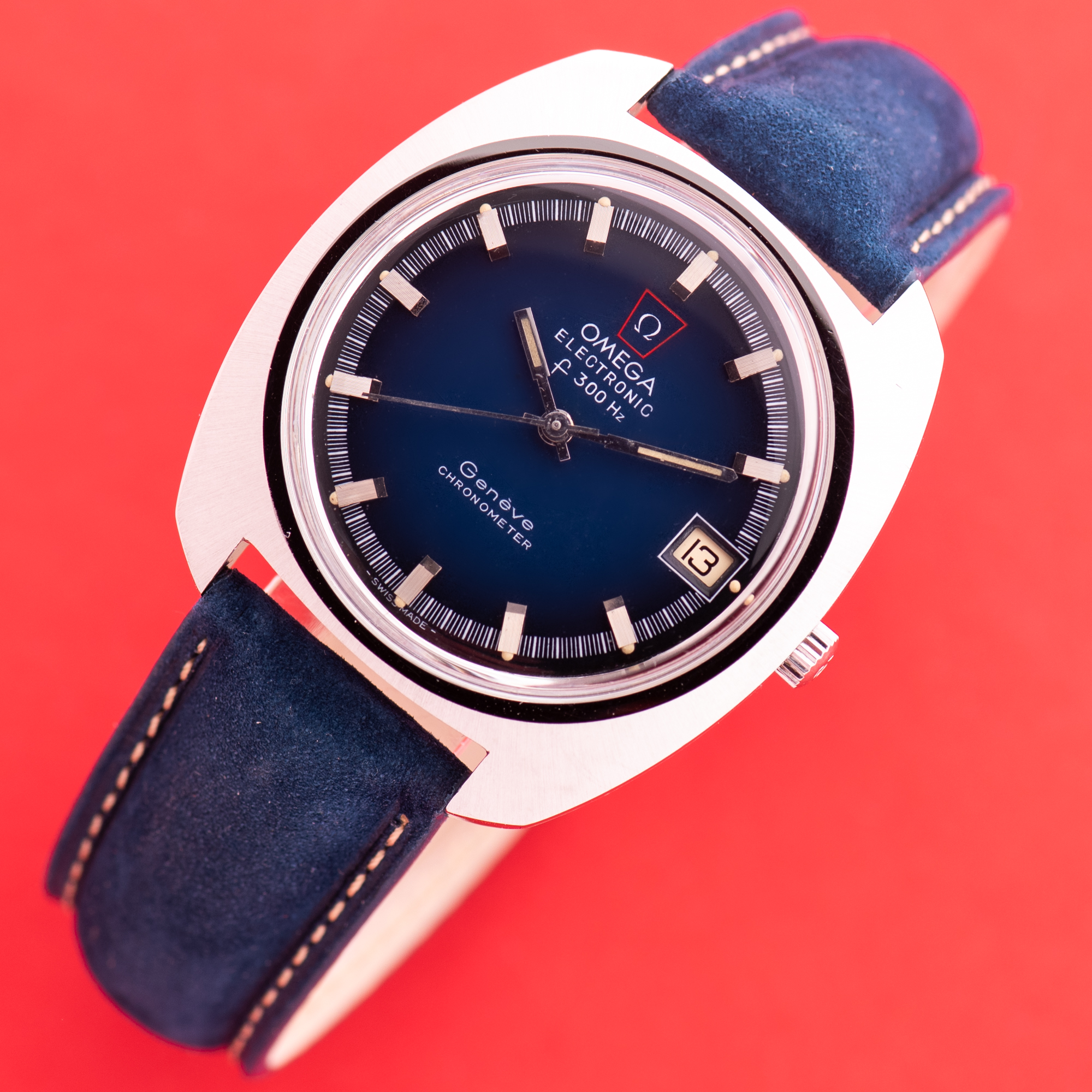 Vue de Omega Electronic F300 Hz Genève Chronometer Blue Vignette Réf 198.030