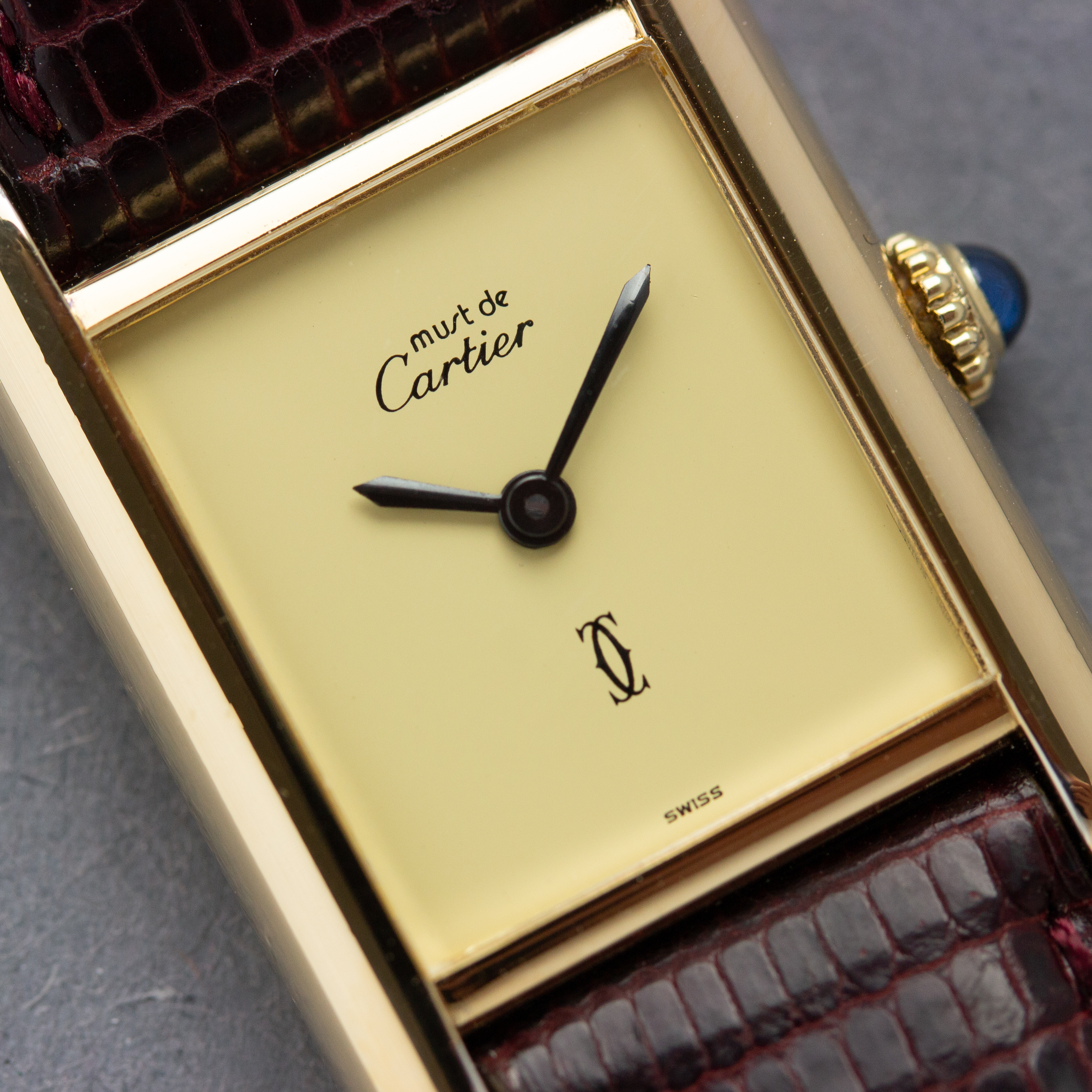 View of Cartier Tank Vermeil Full Set  Ivory Lemon Dial