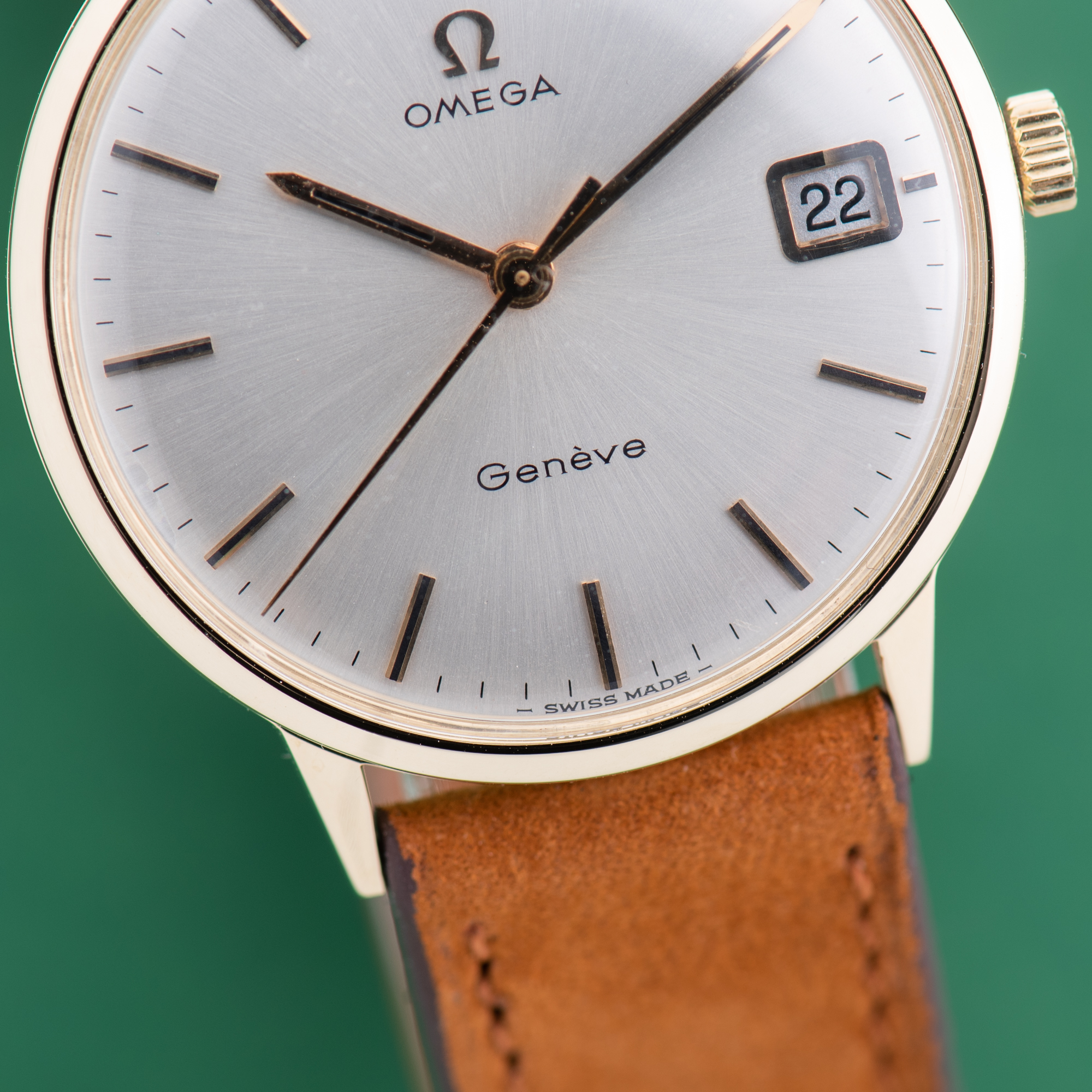 View of Omega Geneva Date Dress Watch 14K Yellow Gold from 1969 Ref 131.041
