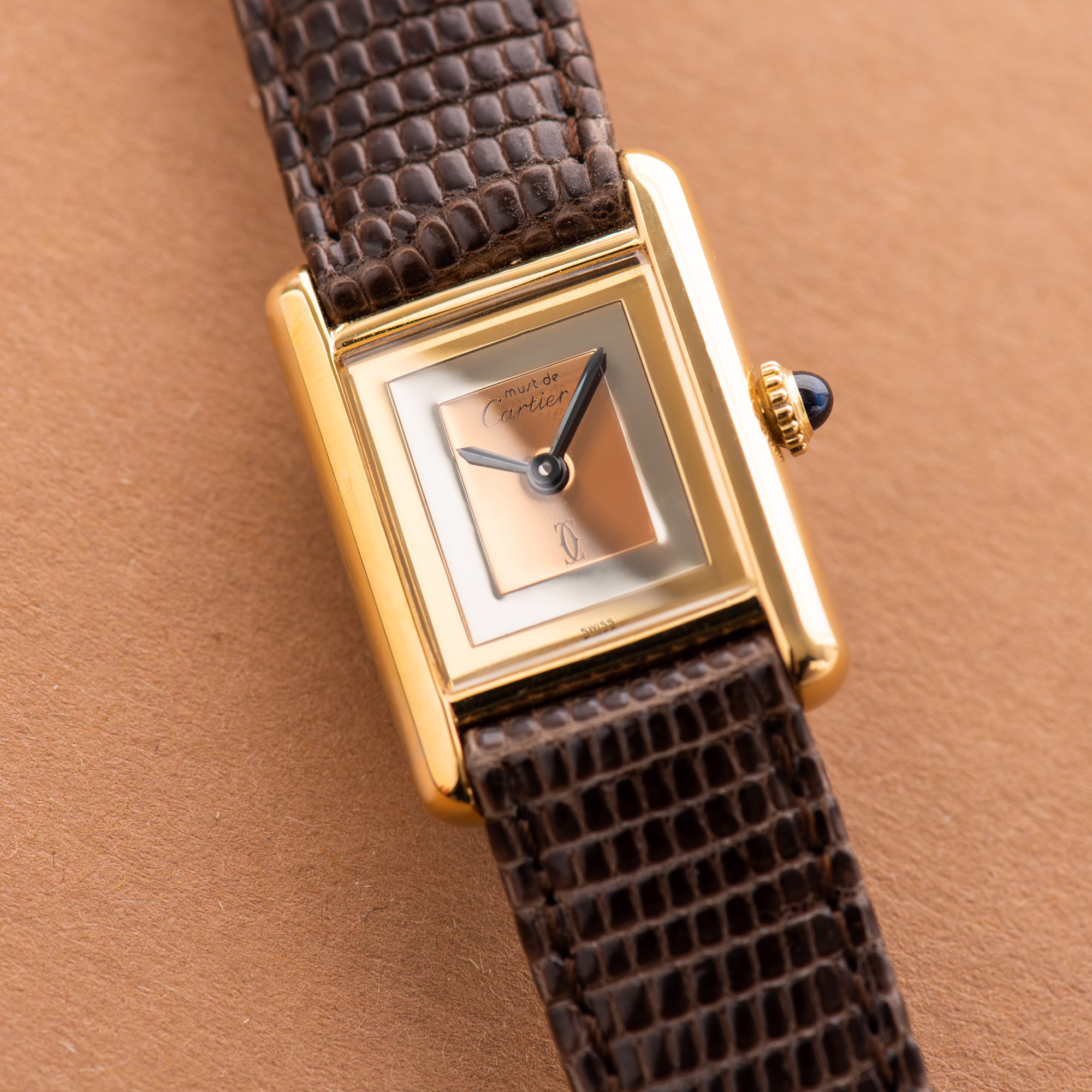 View of Cartier Must de Tank de Must Vermeil PM Trinity Dial