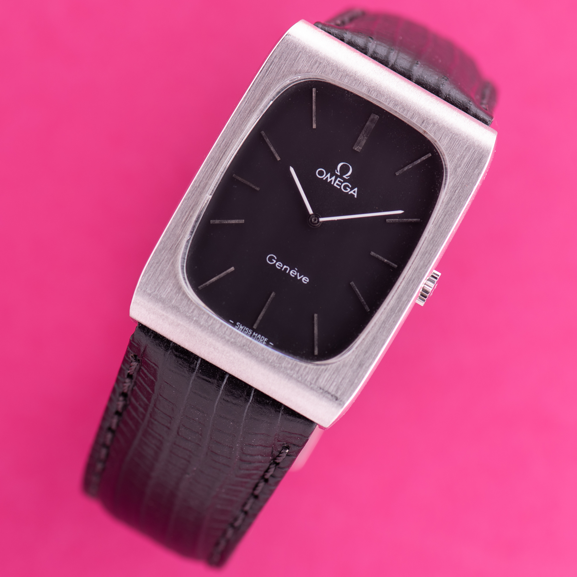 View of Omega Geneva Oversize Tank Rectangular Black dial matt Ref 111.0116