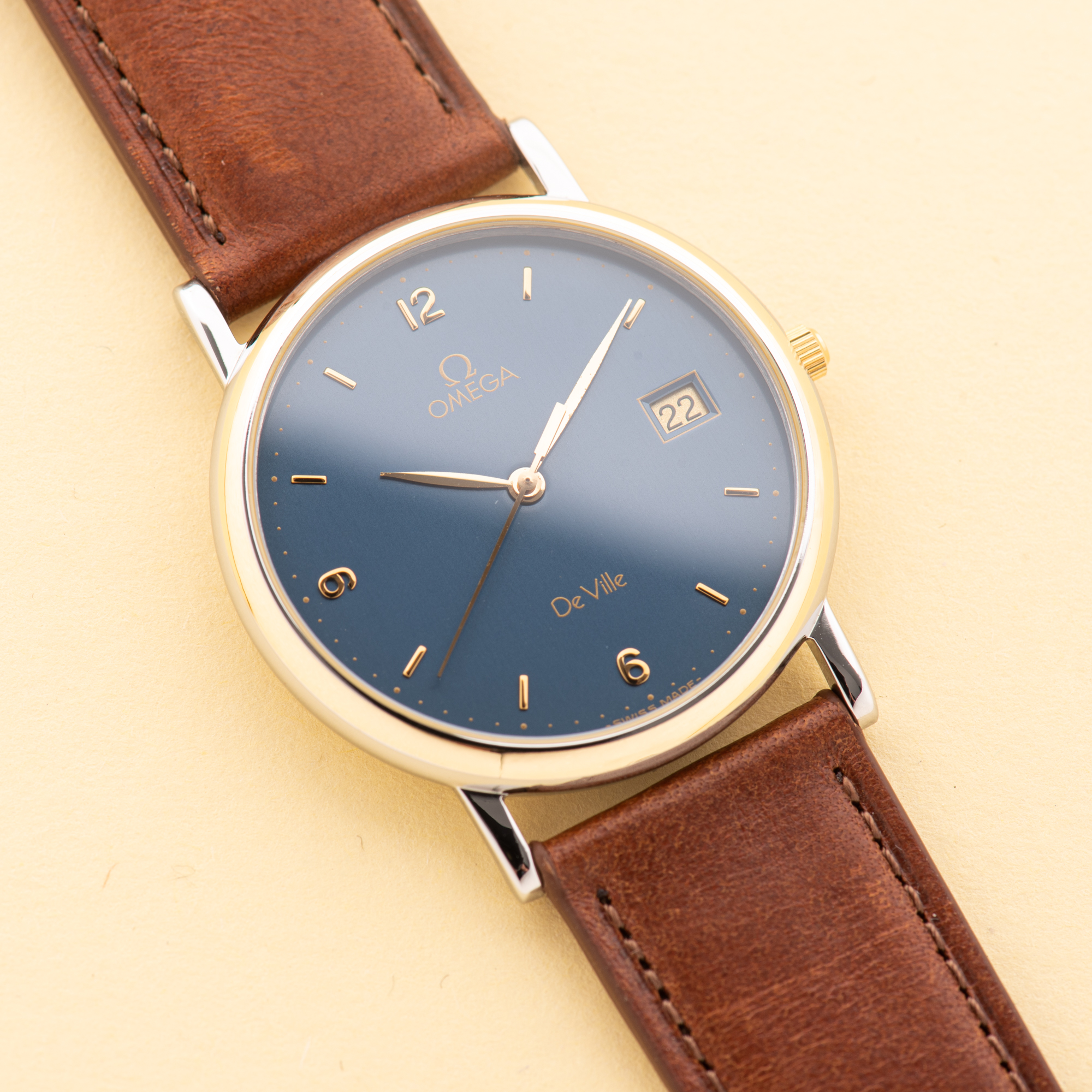 View of Omega de Ville Quartz Gold Steel Blue Dial Ref 196 2430