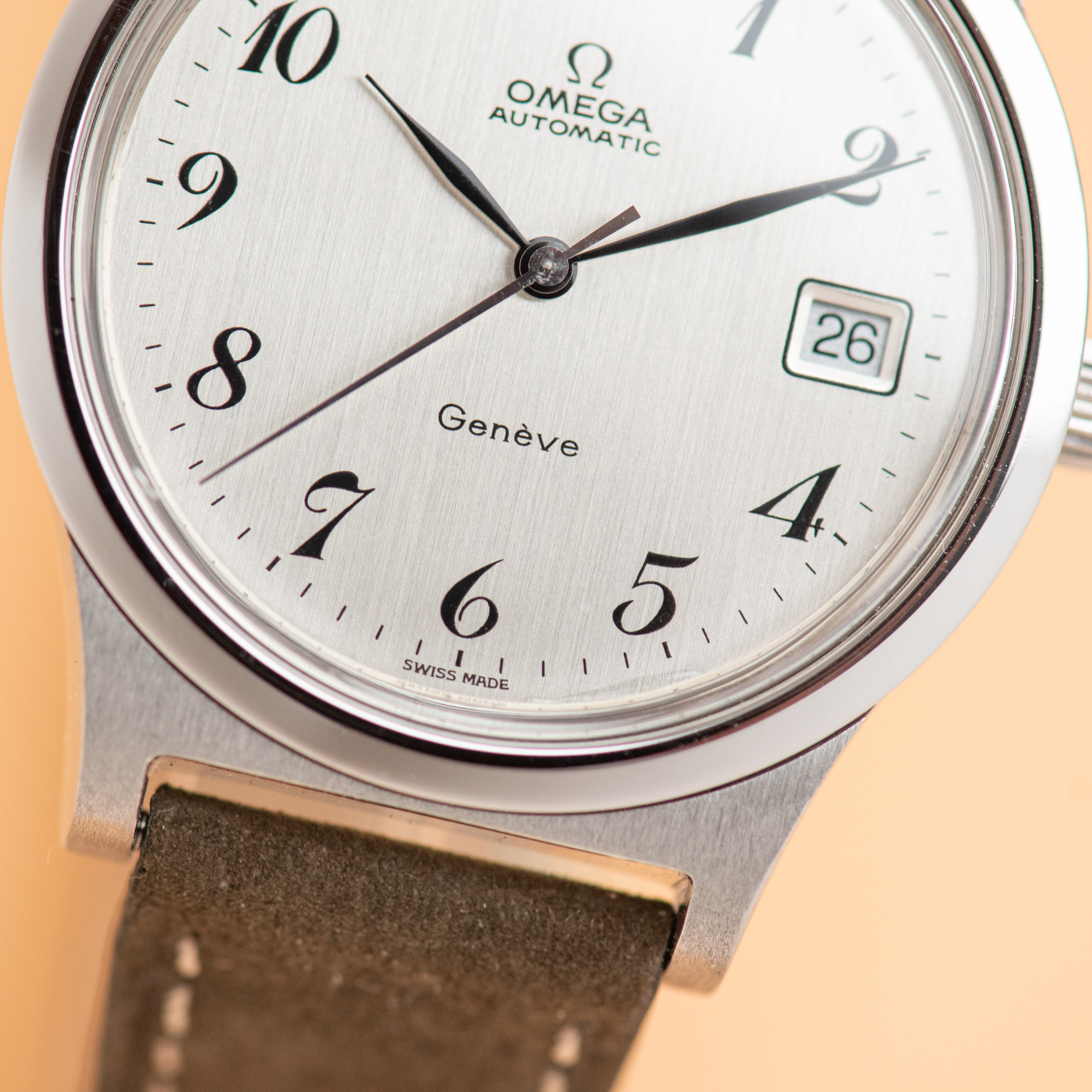 View of Omega Genève Automatic Date Breguet Dial Réf 166.0168 from 173
