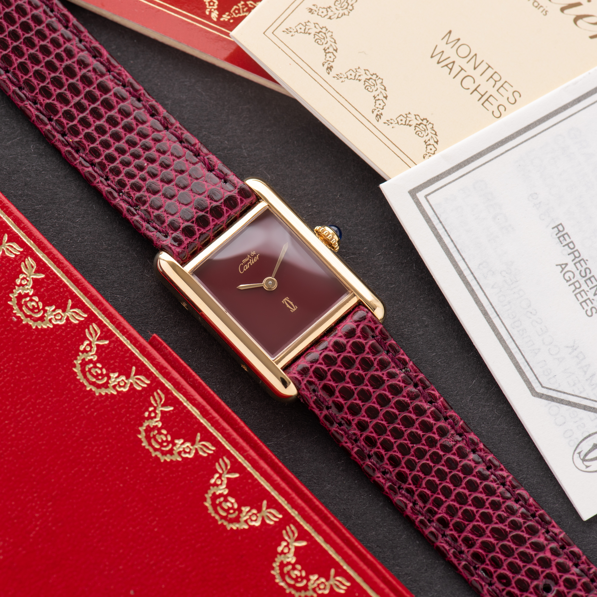 View of Cartier Tank De Must Vermeil Small Bordeau PM with Papers 1988 Ref 3 66001