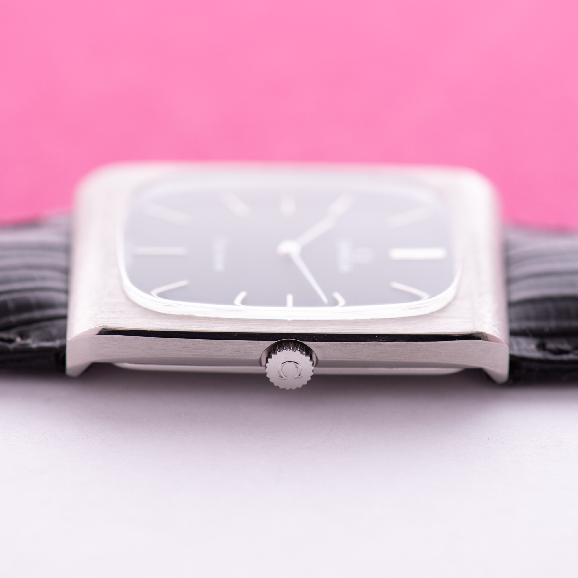 View of Omega Geneva Oversize Tank Rectangular Black dial matt Ref 111.0116
