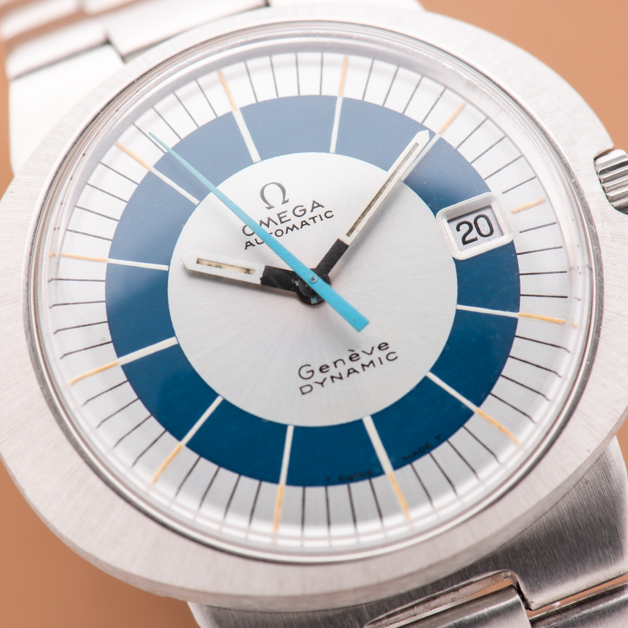 View of Omega Genève Dynamic Automatic White Blue Dial from 1969 Ref 166.039