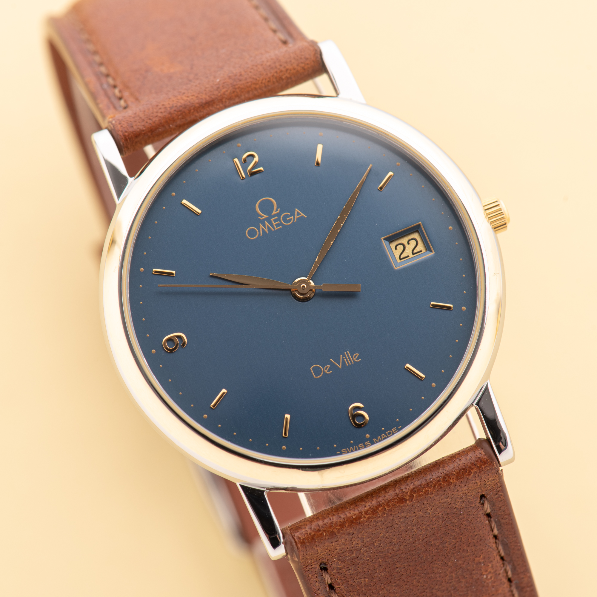 View of Omega de Ville Quartz Gold Steel Blue Dial Ref 196 2430