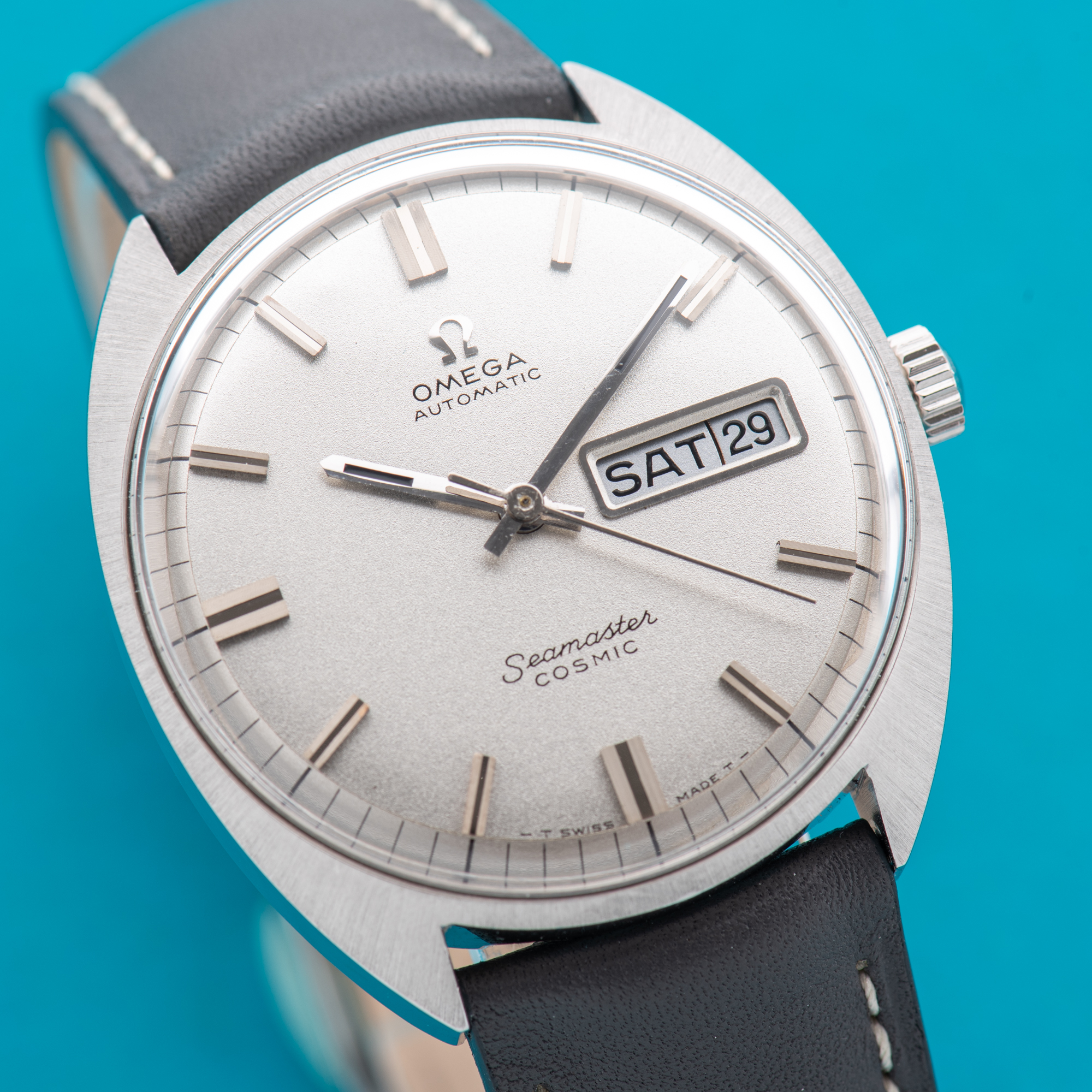 View of Omega Seamaster Cosmic Day Date Automatic Star Dust Dial cal 752 Ref 166.036