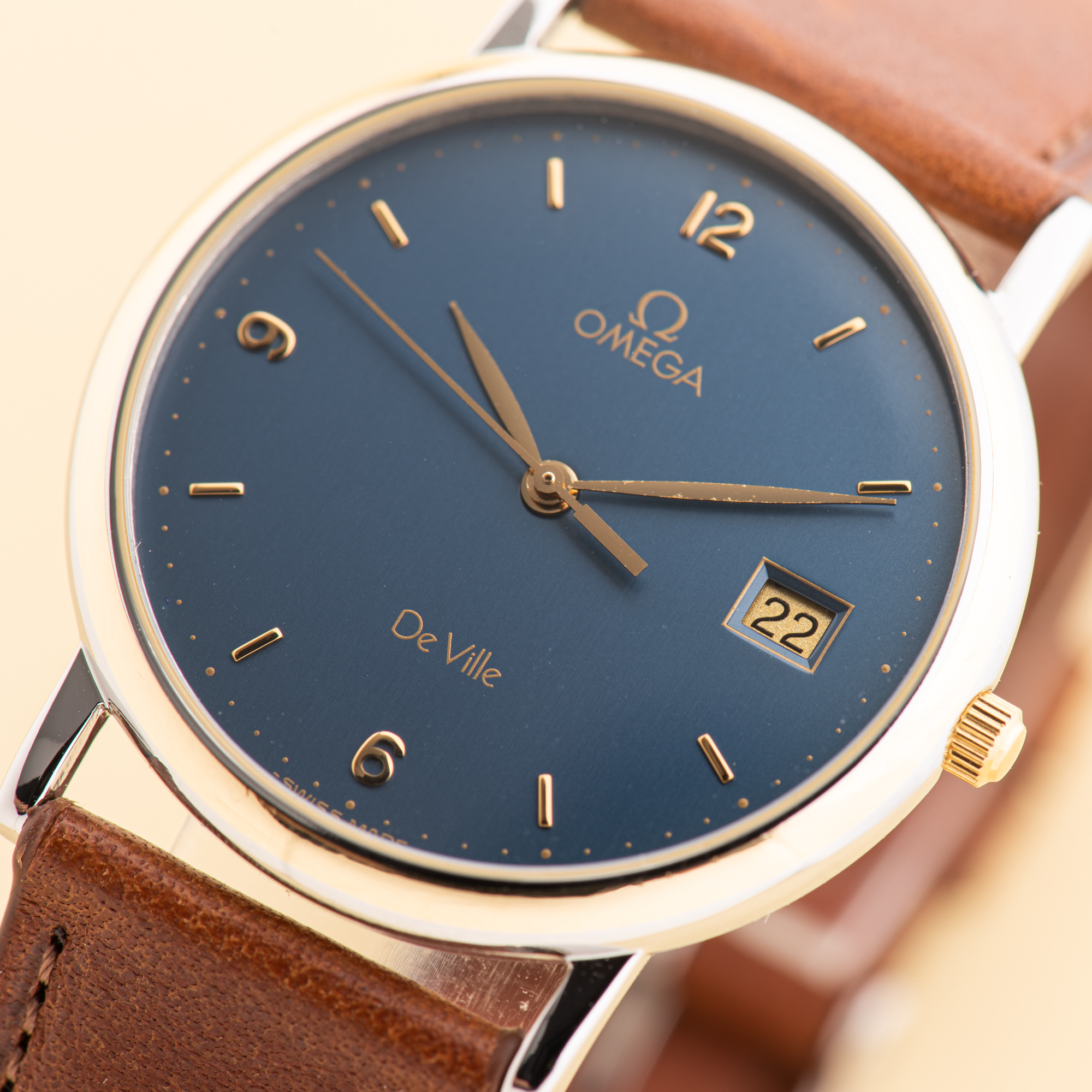View of Omega de Ville Quartz Gold Steel Blue Dial Ref 196 2430