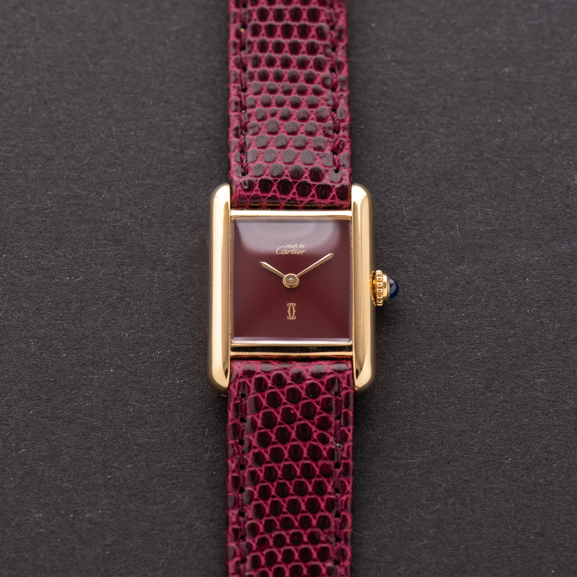 View of Cartier Tank De Must Vermeil Small Bordeau PM with Papers 1988 Ref 3 66001