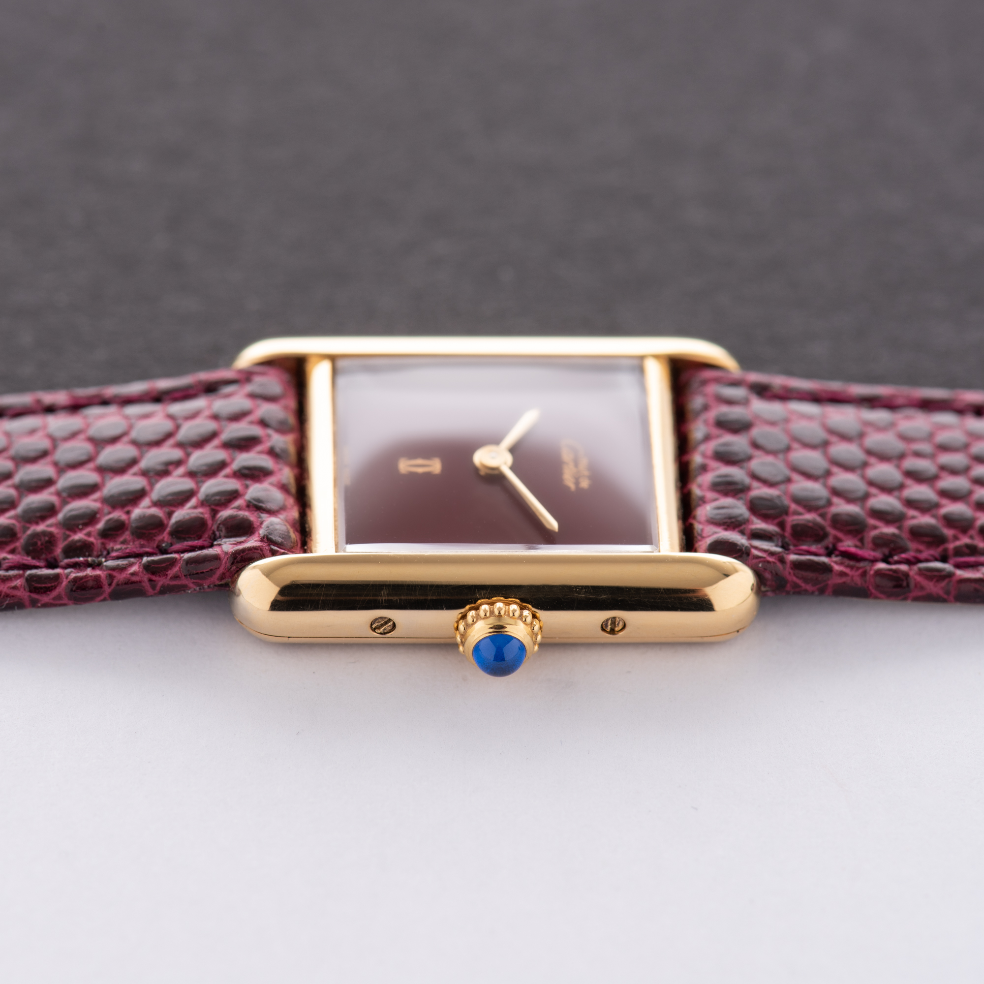 View of Cartier Tank De Must Vermeil Small Bordeau PM with Papers 1988 Ref 3 66001