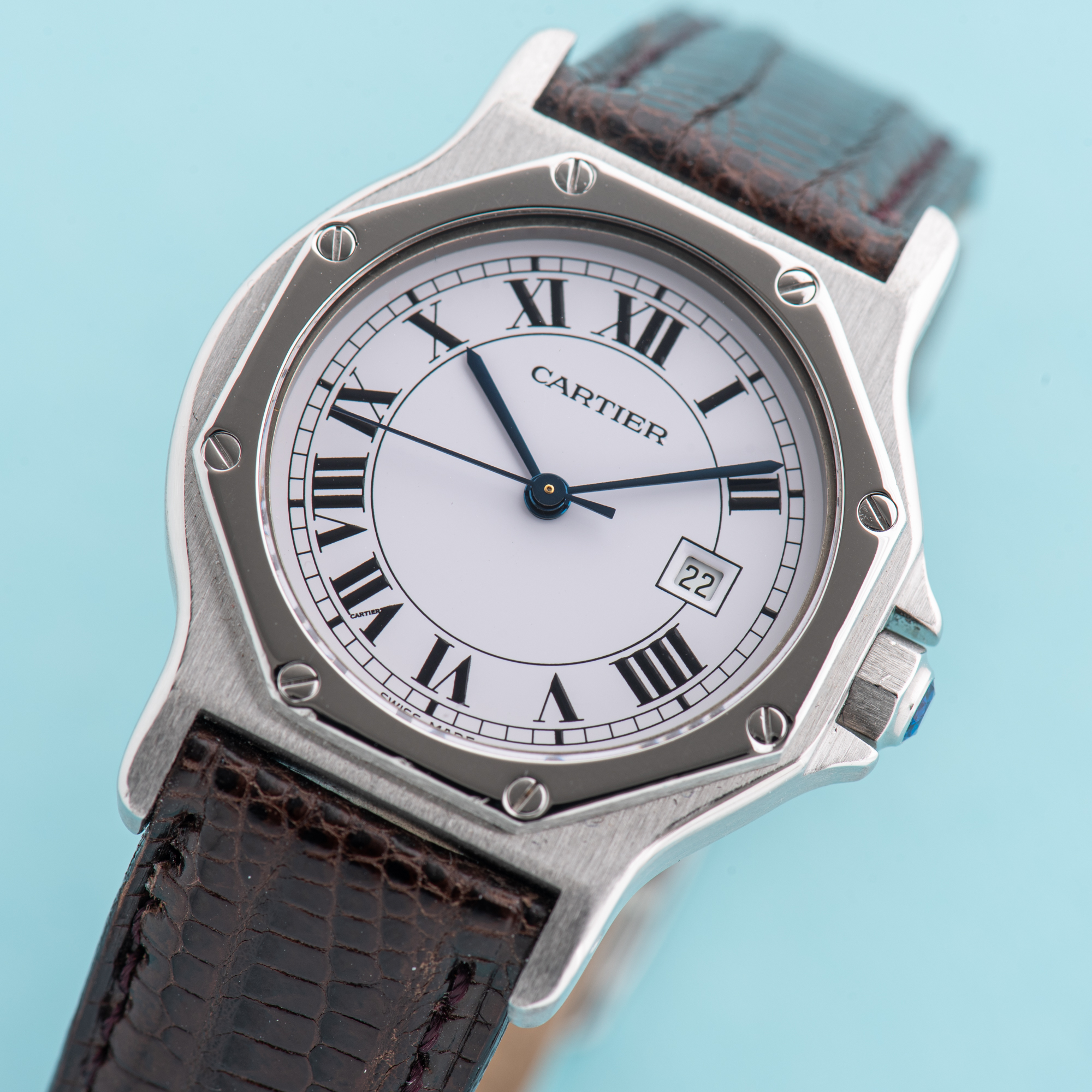 View of Cartier Santos Octagon Roman Dial Ref 2965