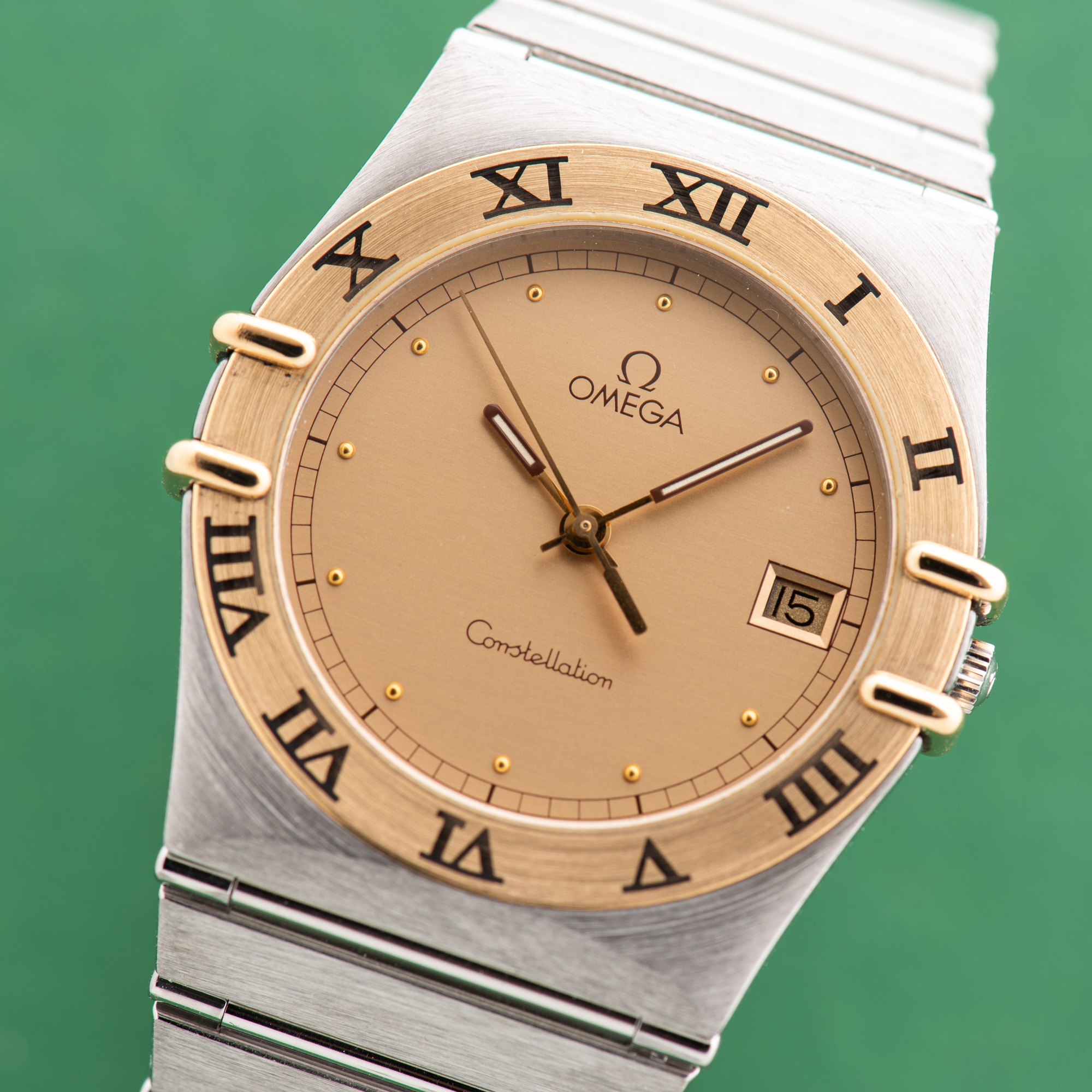 View of Omega Constellation 18K Gold Bezel Date From 1991 Ref 396.1080 Full set