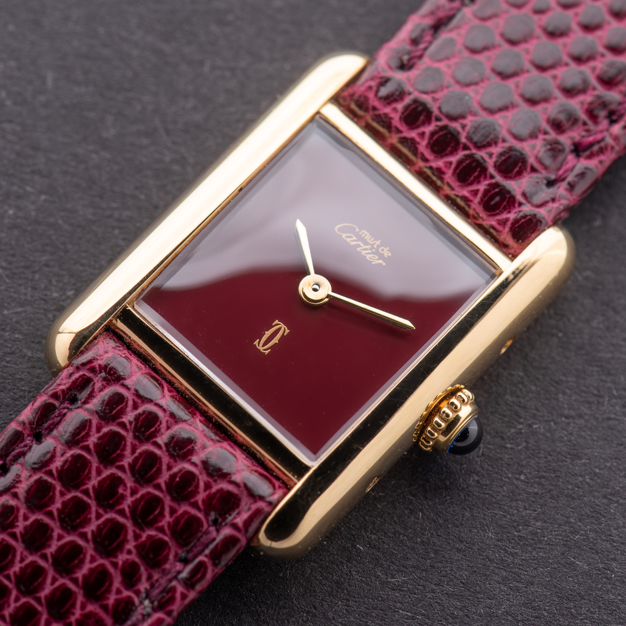 View of Cartier Tank De Must Vermeil Small Bordeau PM with Papers 1988 Ref 3 66001