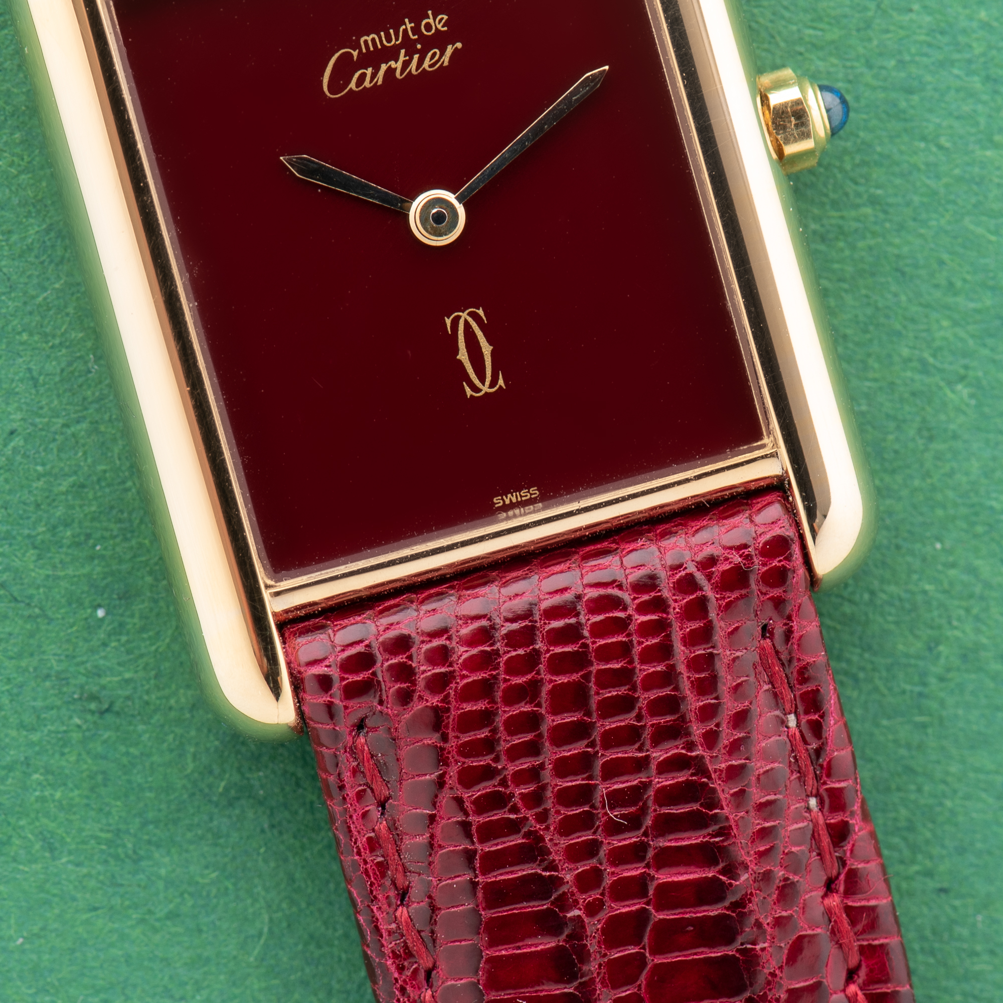 View of Cartier Tank De Must Vermeil Grand Model Bordeau Burgundy RedGM 1988 Ref 681006