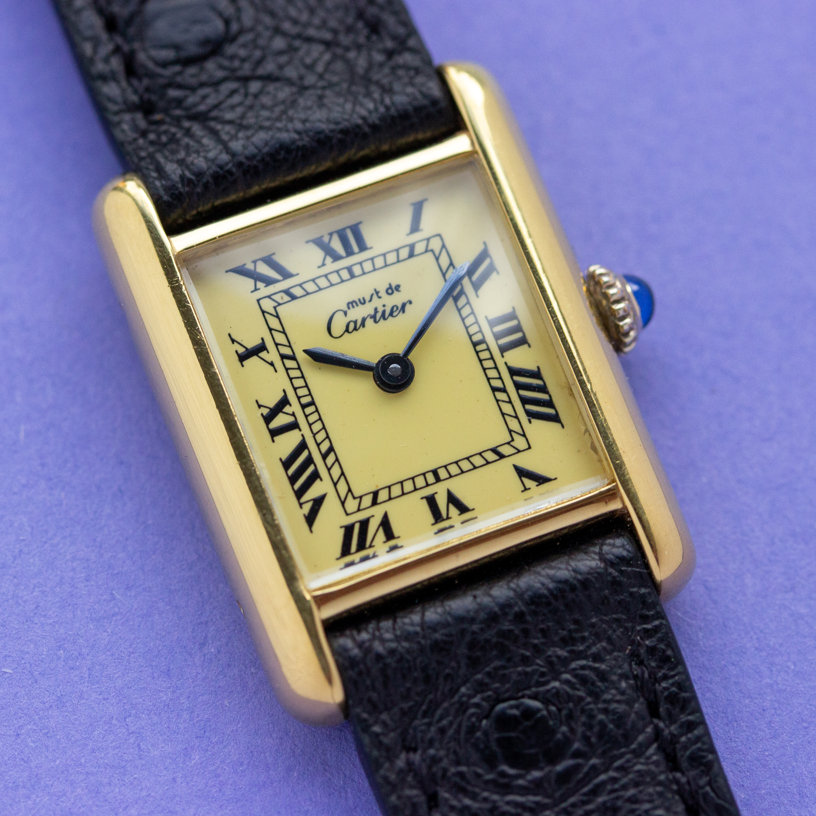 View of Cartier Must de Tank Vermeil Roman Lemon Dial