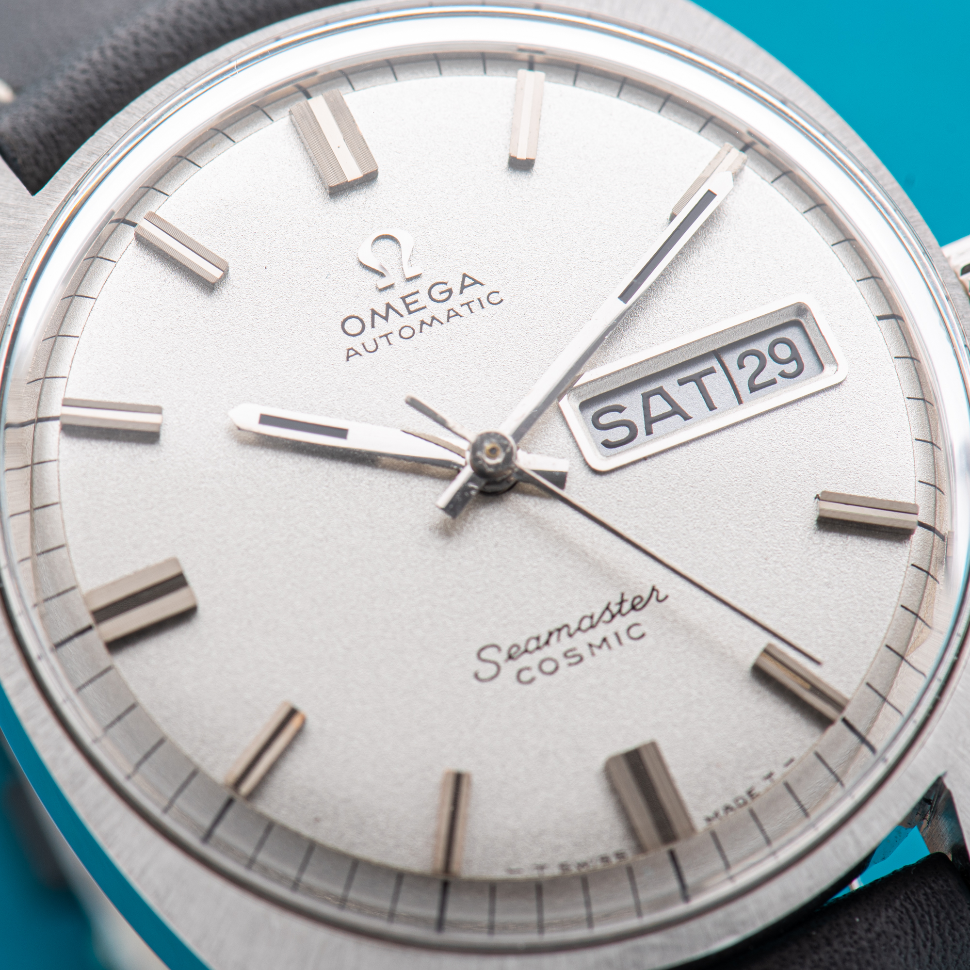 View of Omega Seamaster Cosmic Day Date Automatic Star Dust Dial cal 752 Ref 166.036