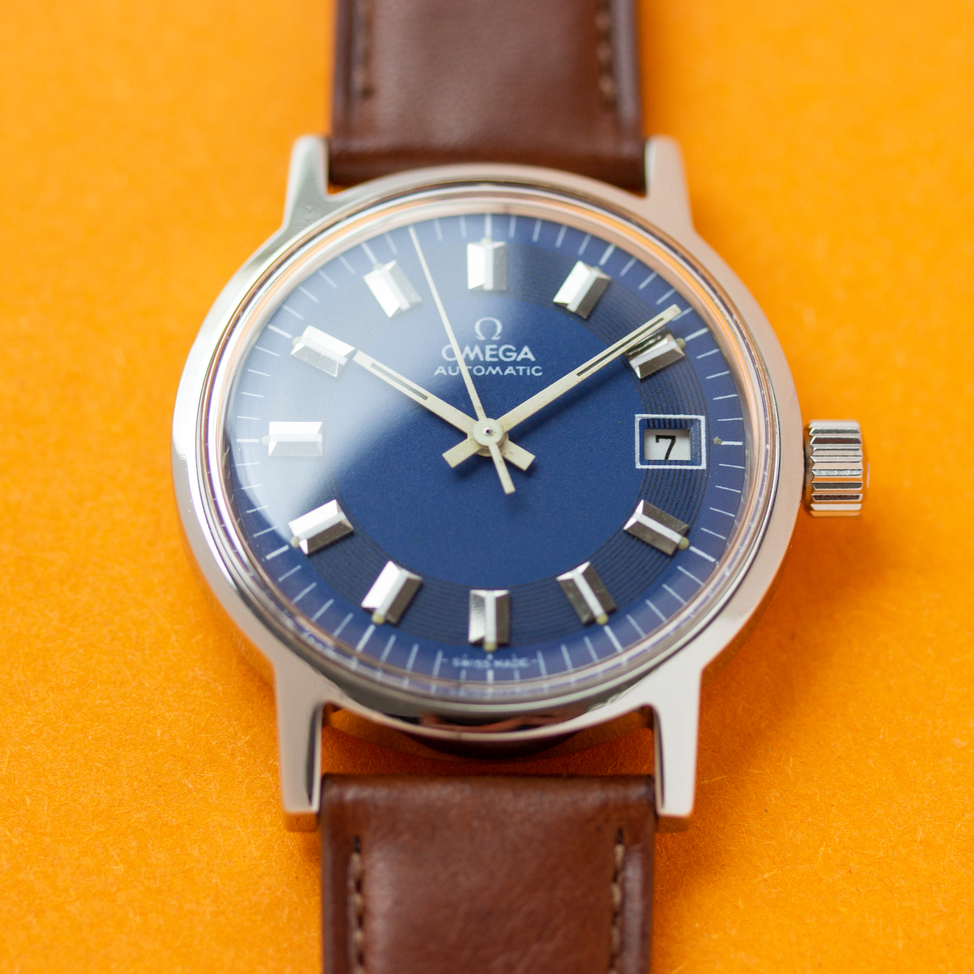 View of Omega Automatic Blue Rare Bullseye Dial Ref 166.0098