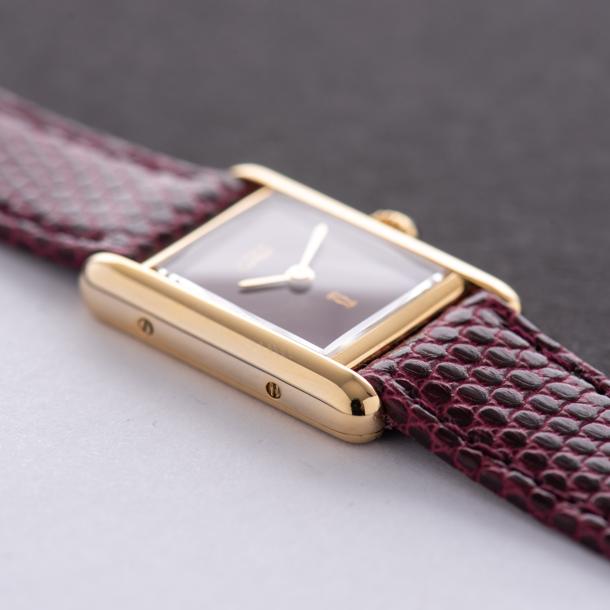 View of Cartier Tank De Must Vermeil Small Bordeau PM with Papers 1988 Ref 3 66001