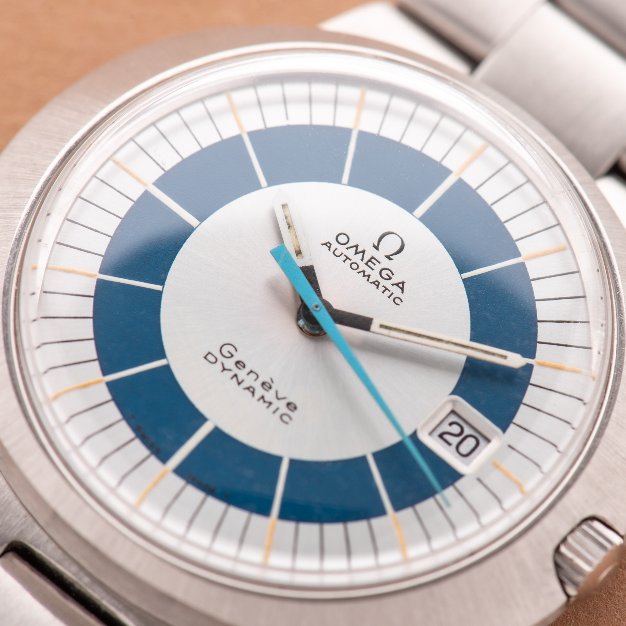 View of Omega Genève Dynamic Automatic White Blue Dial from 1969 Ref 166.039