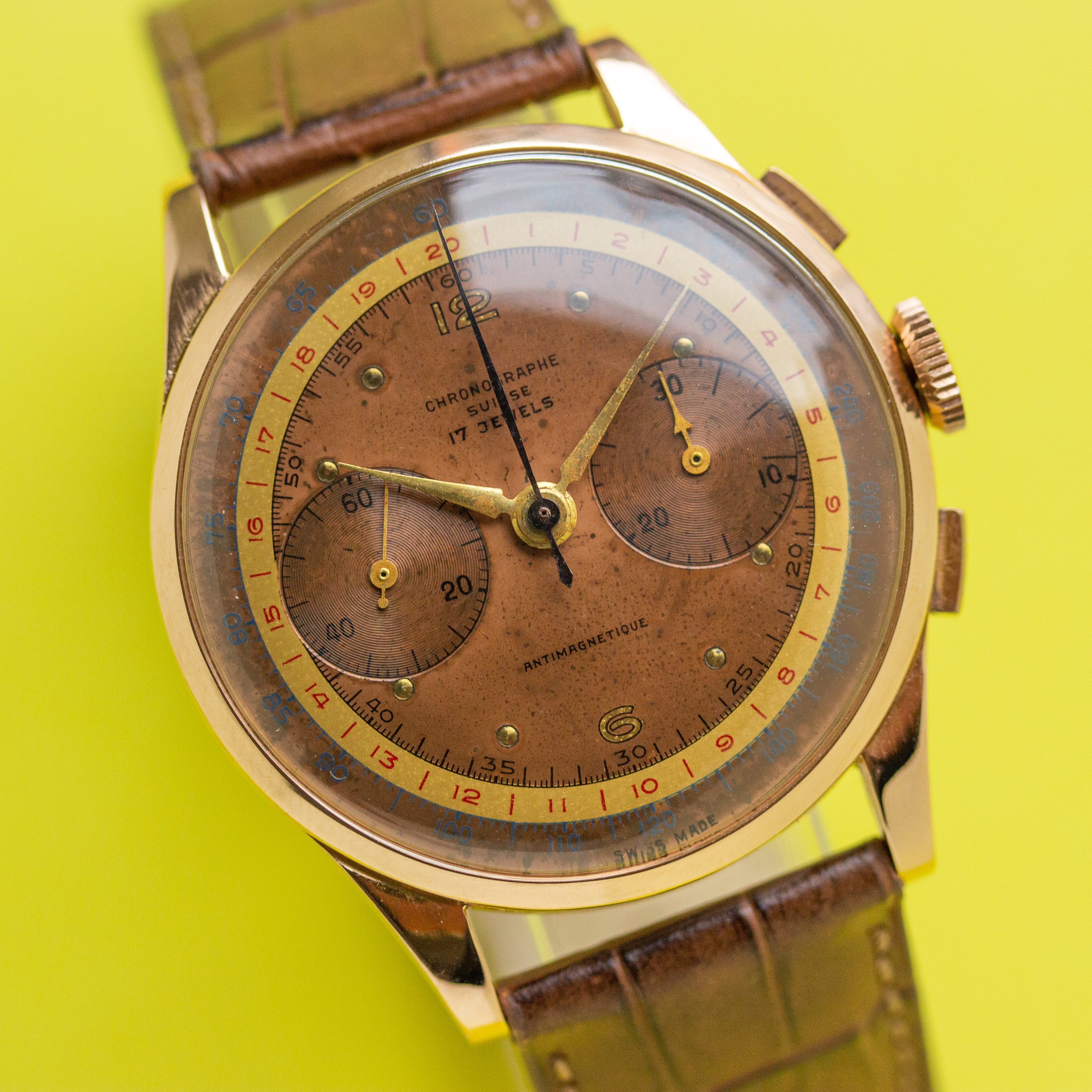 View of Chronograph Switzerland Oversize Copper Dial 18K Rosé Gold