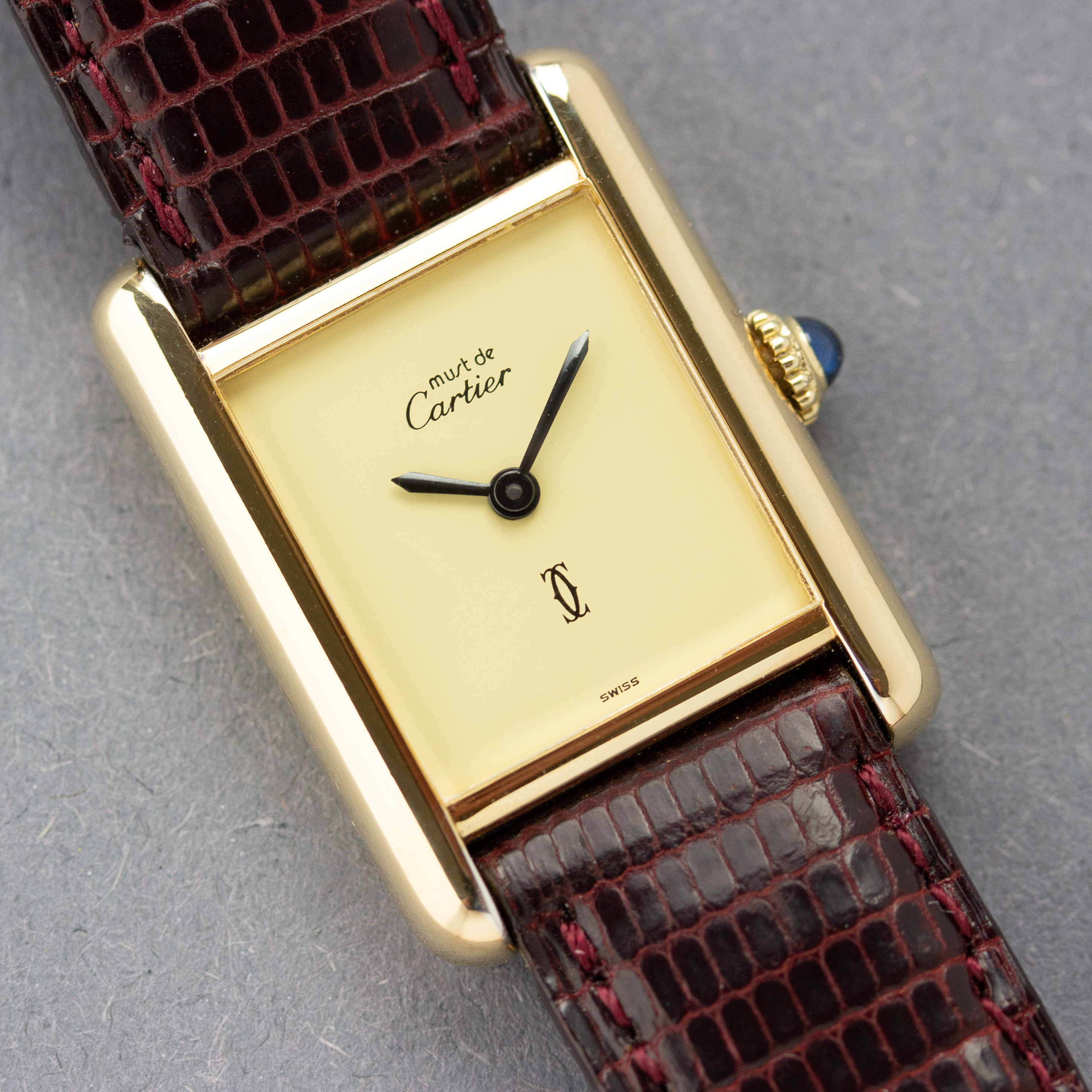 View of Cartier Tank Vermeil Full Set  Ivory Lemon Dial