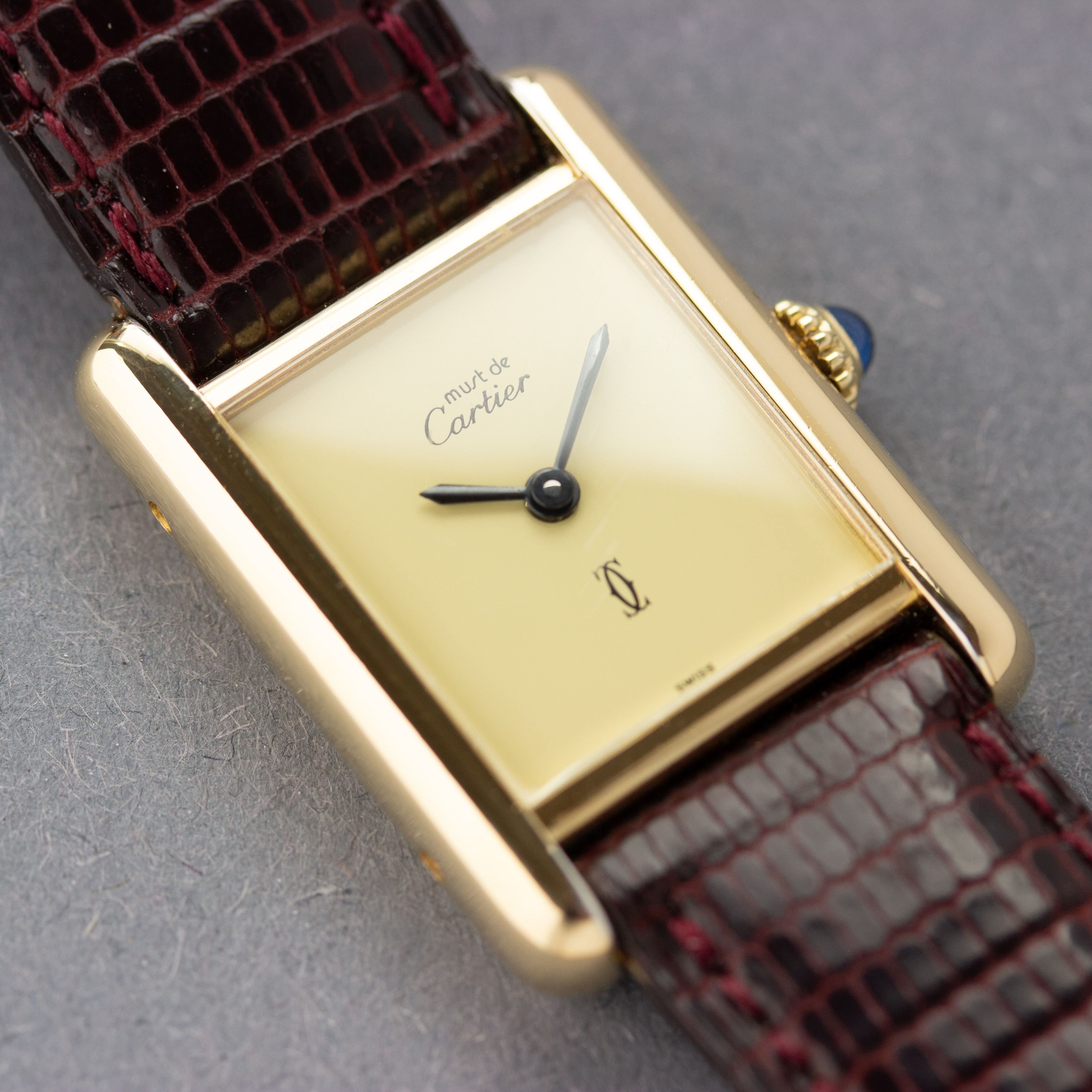 View of Cartier Tank Vermeil Full Set  Ivory Lemon Dial