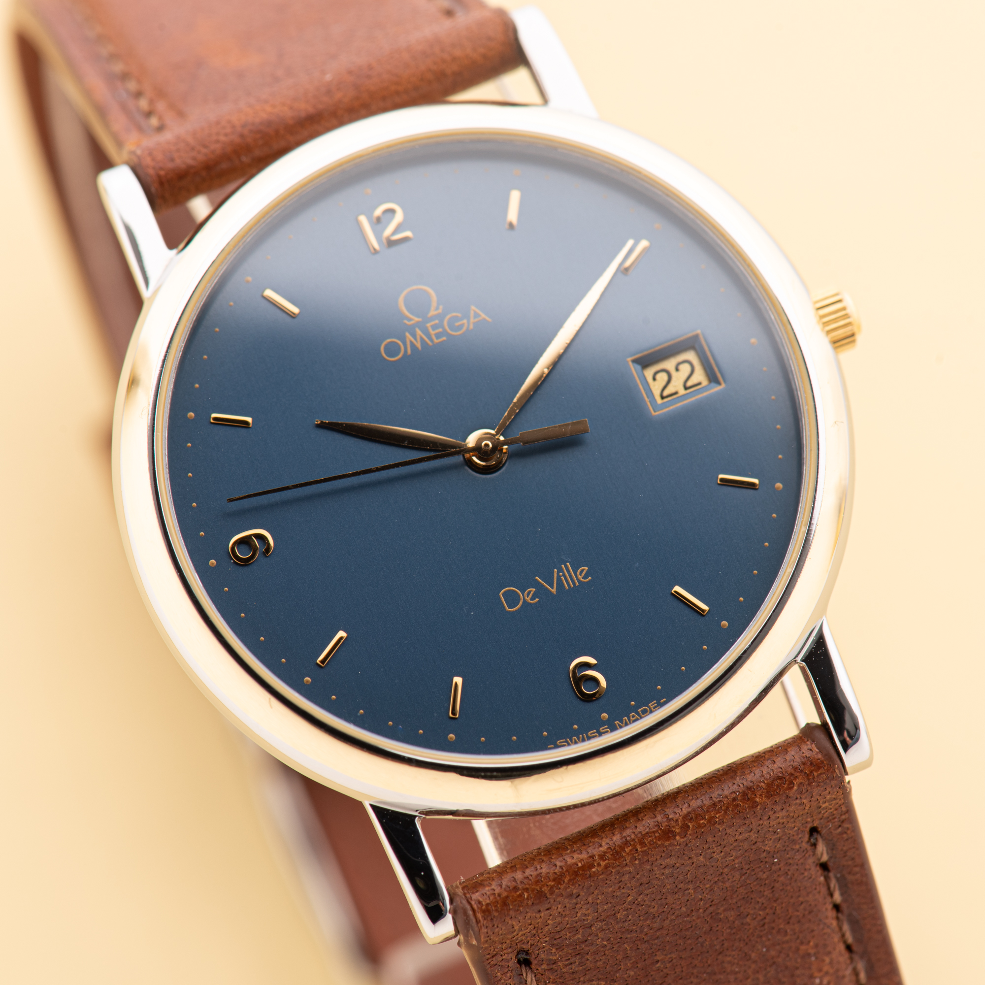 View of Omega de Ville Quartz Gold Steel Blue Dial Ref 196 2430