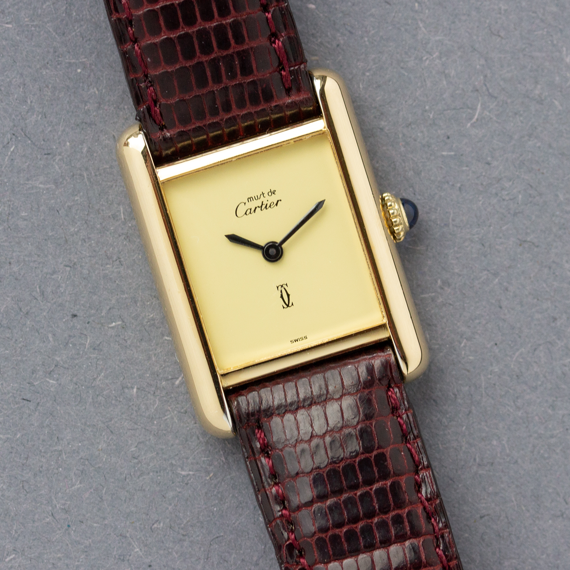View of Cartier Tank Vermeil Full Set  Ivory Lemon Dial