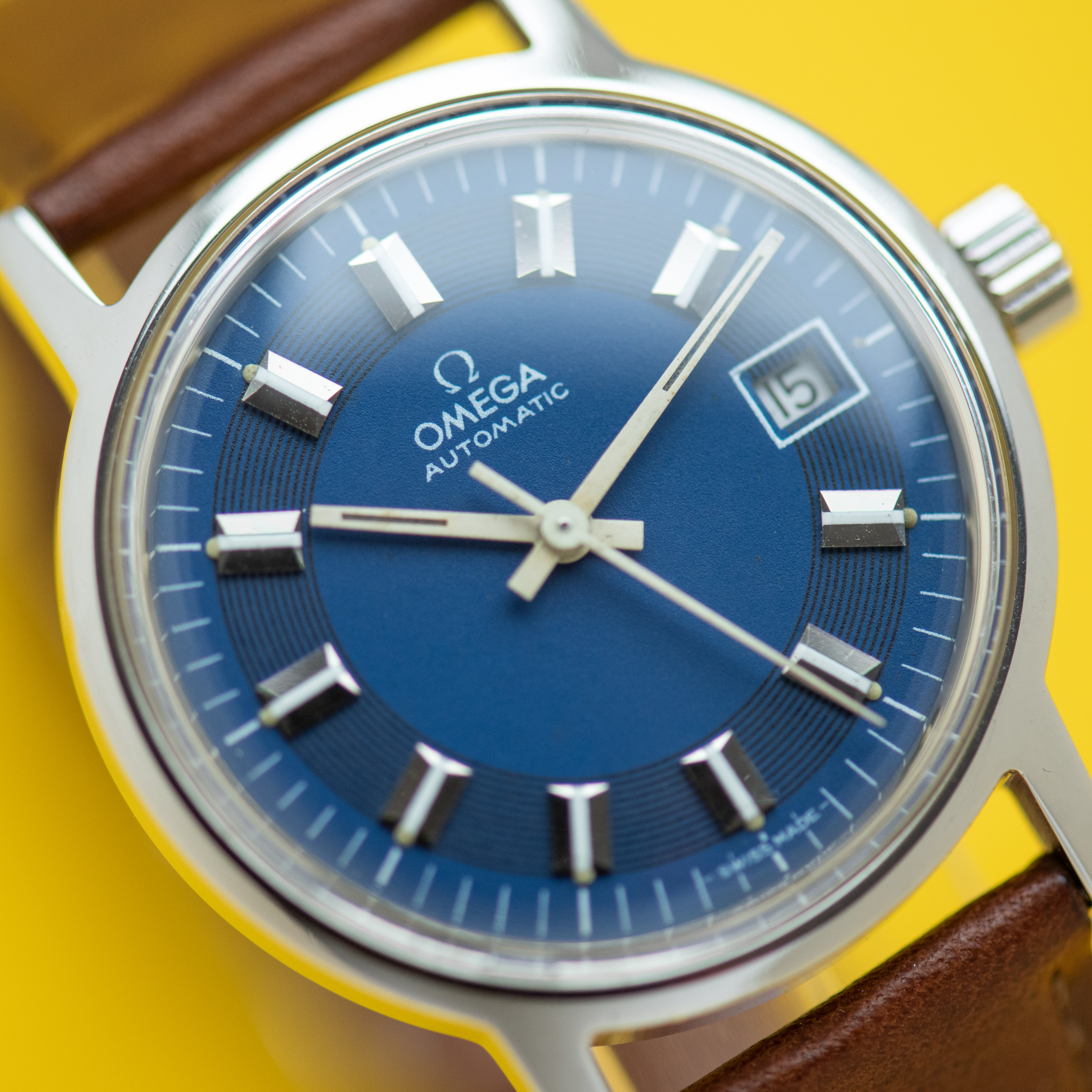 View of Omega Automatic Blue Rare Bullseye Dial Ref 166.0098