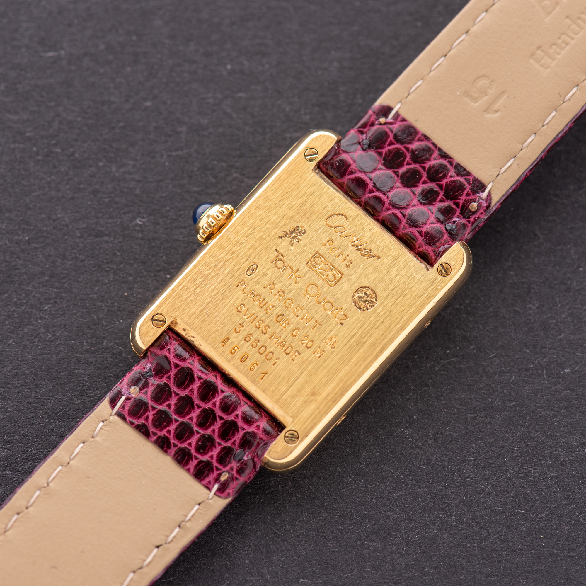 View of Cartier Tank De Must Vermeil Small Bordeau PM with Papers 1988 Ref 3 66001