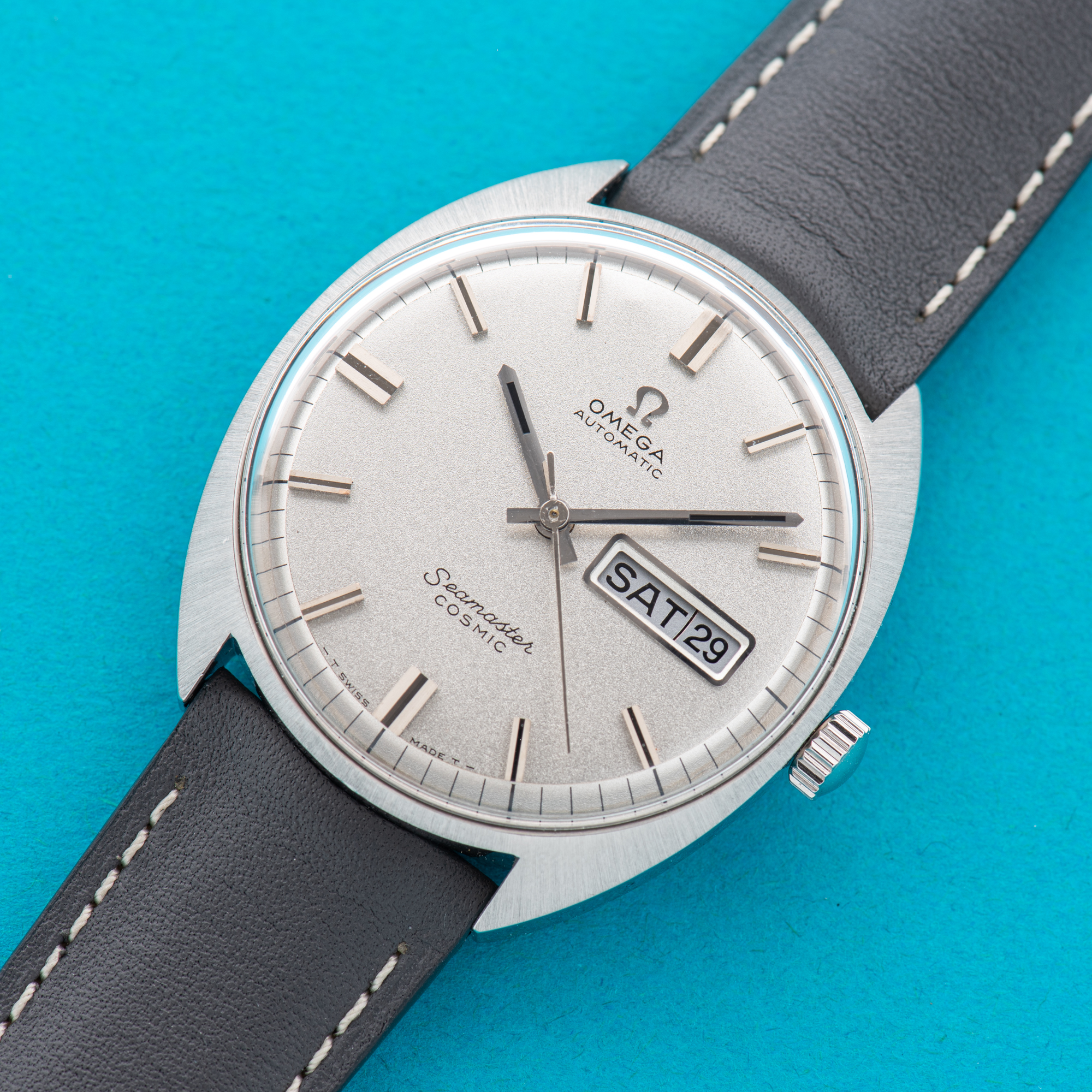 View of Omega Seamaster Cosmic Day Date Automatic Star Dust Dial cal 752 Ref 166.036