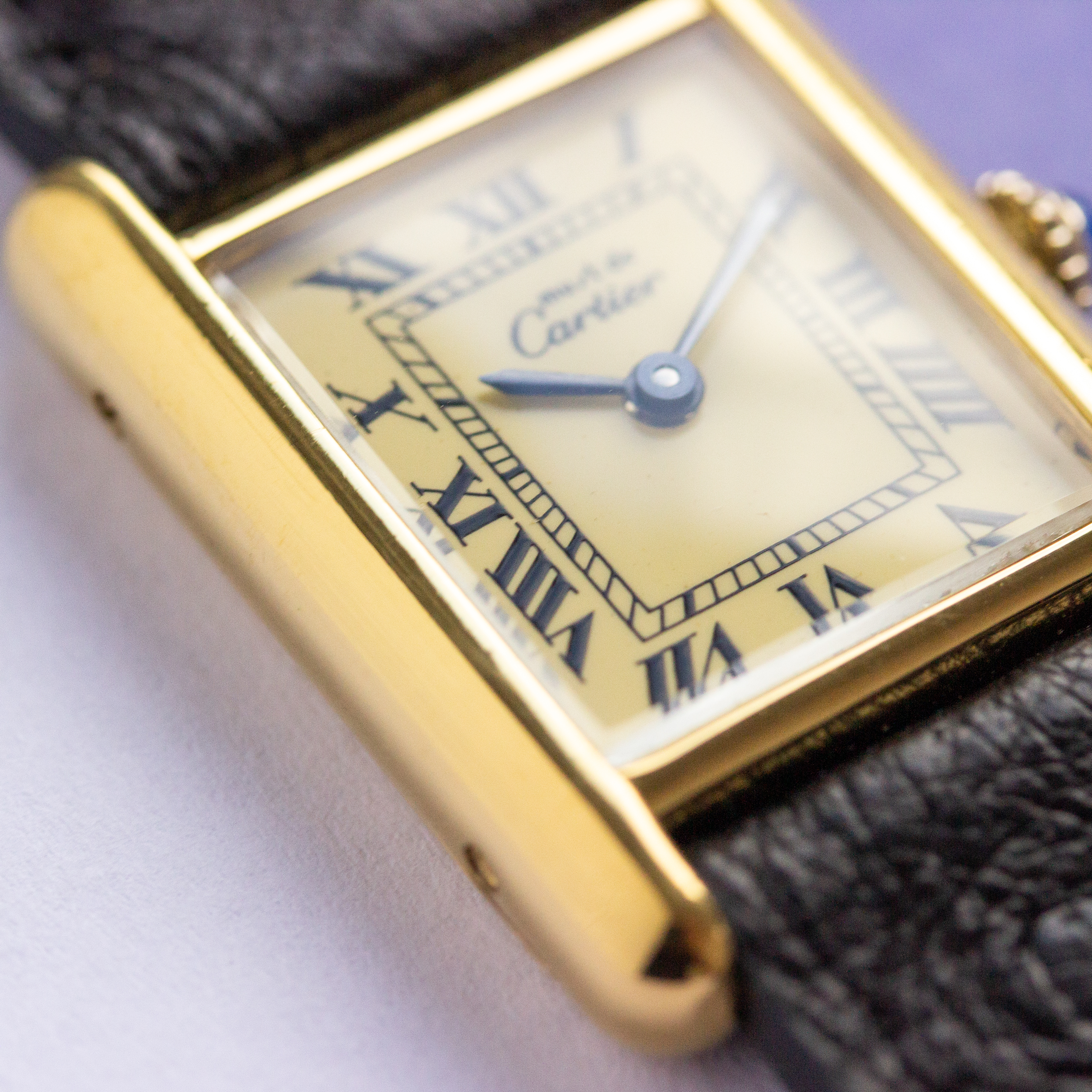 View of Cartier Must de Tank Vermeil Roman Lemon Dial