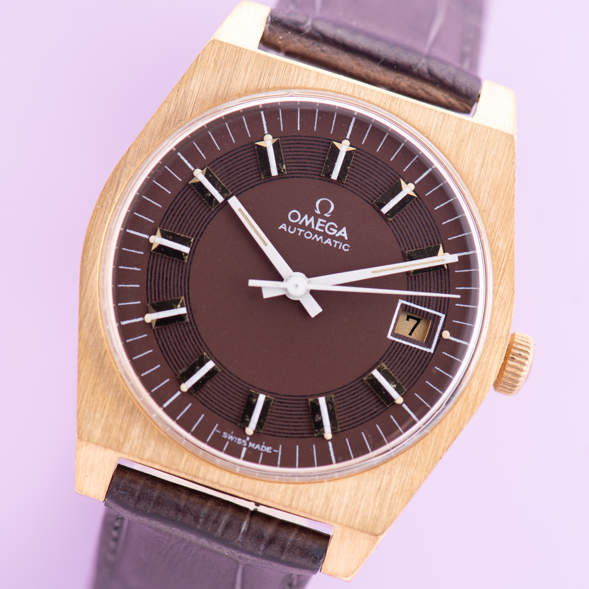 Zicht op Omega Automatic Brown 'Rail' Dial Zeldzaam vanaf 1971 Ref 166.018