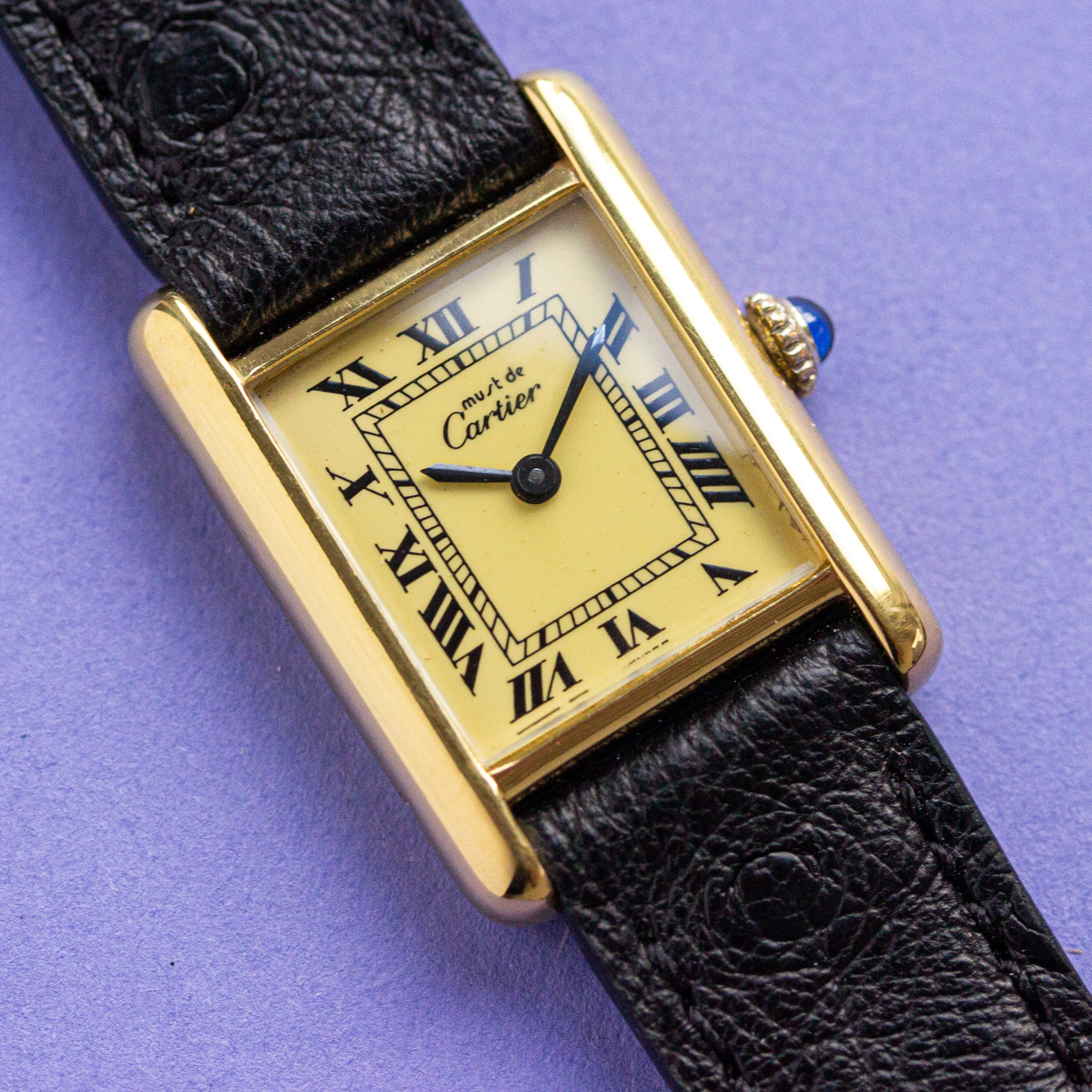 View of Cartier Must de Tank Vermeil Roman Lemon Dial