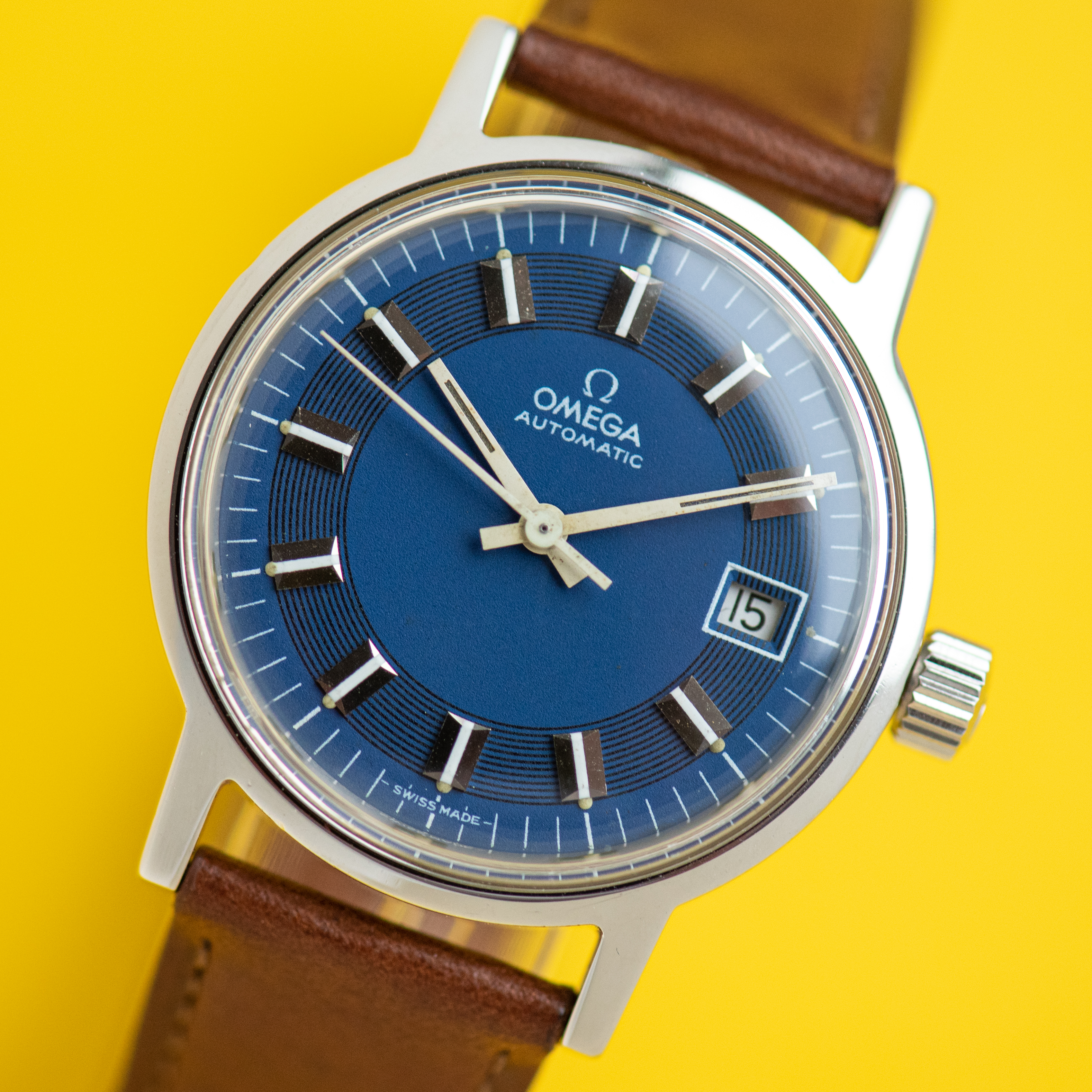 View of Omega Automatic Blue Rare Bullseye Dial Ref 166.0098