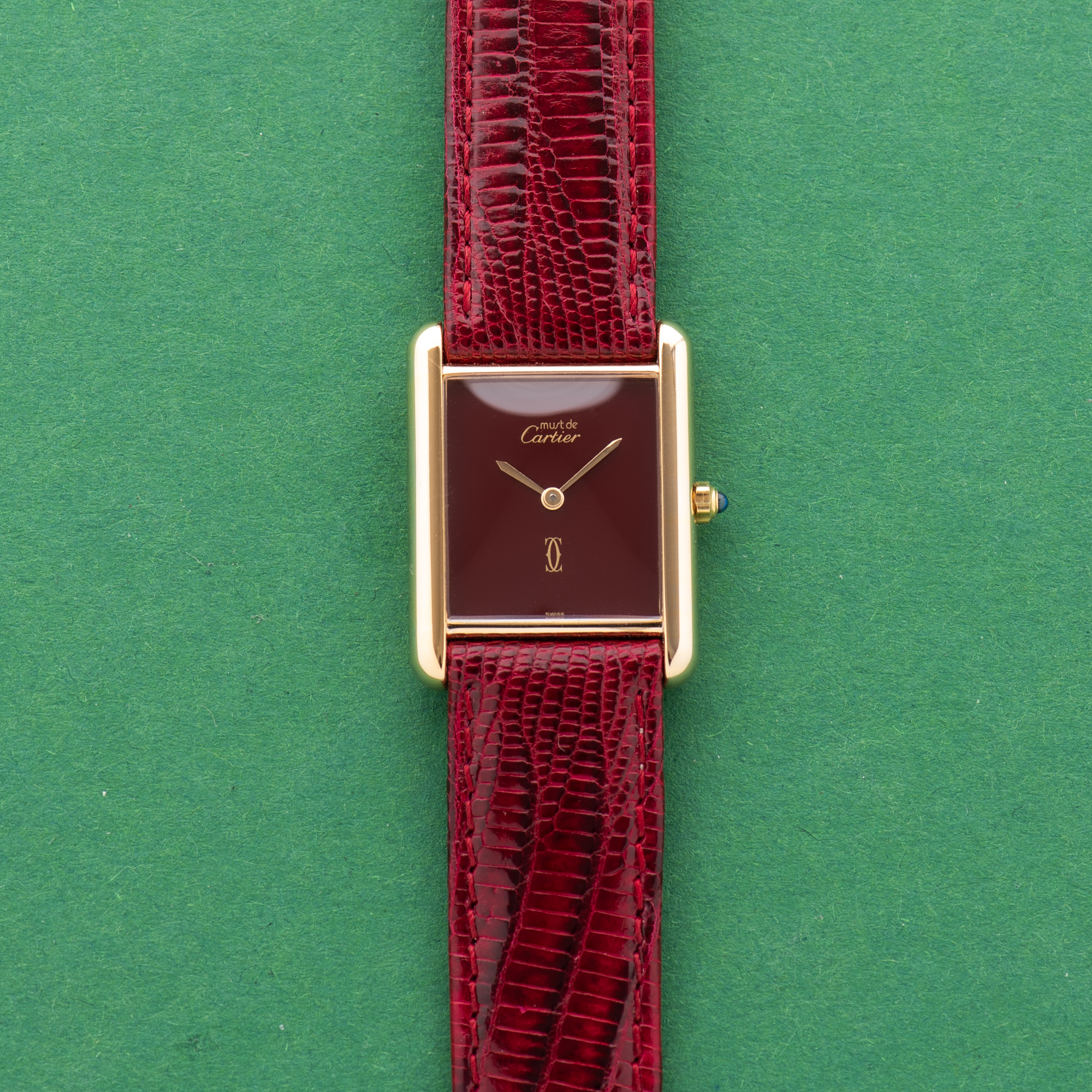 View of Cartier Tank De Must Vermeil Grand Model Bordeau Burgundy RedGM 1988 Ref 681006