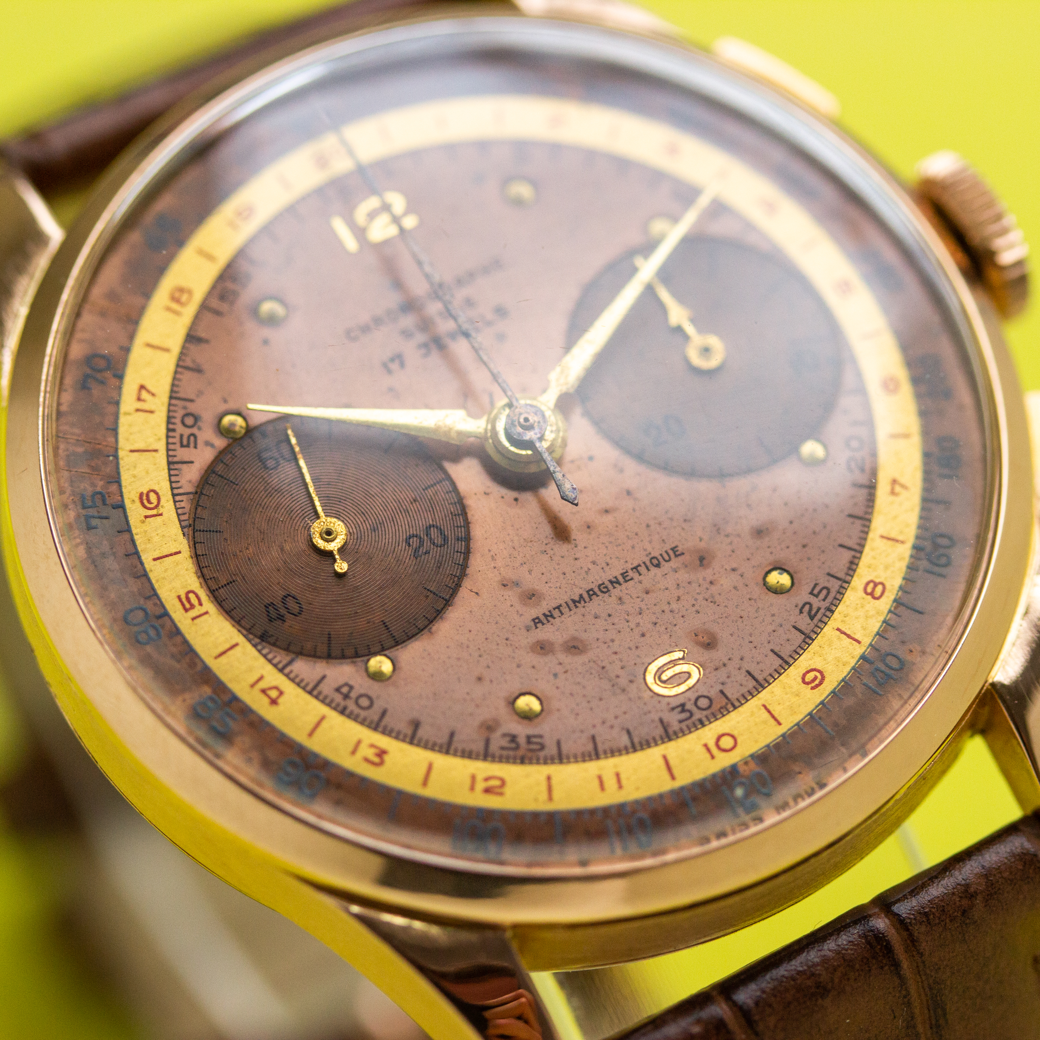 View of Chronograph Switzerland Oversize Copper Dial 18K Rosé Gold