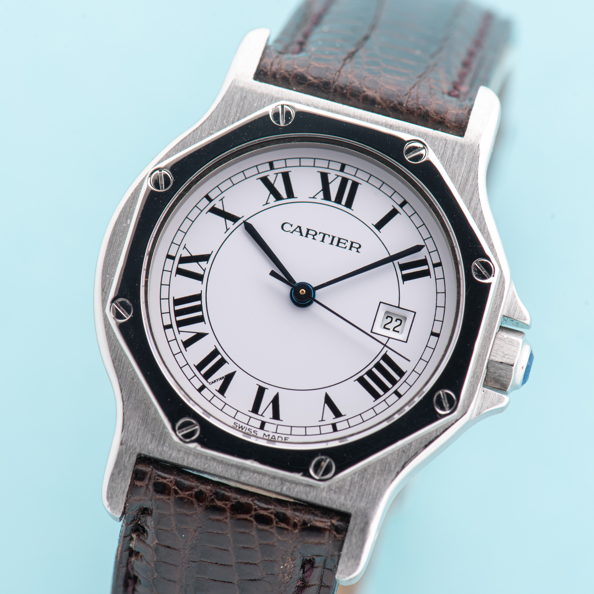 View of Cartier Santos Octagon Roman Dial Ref 2965