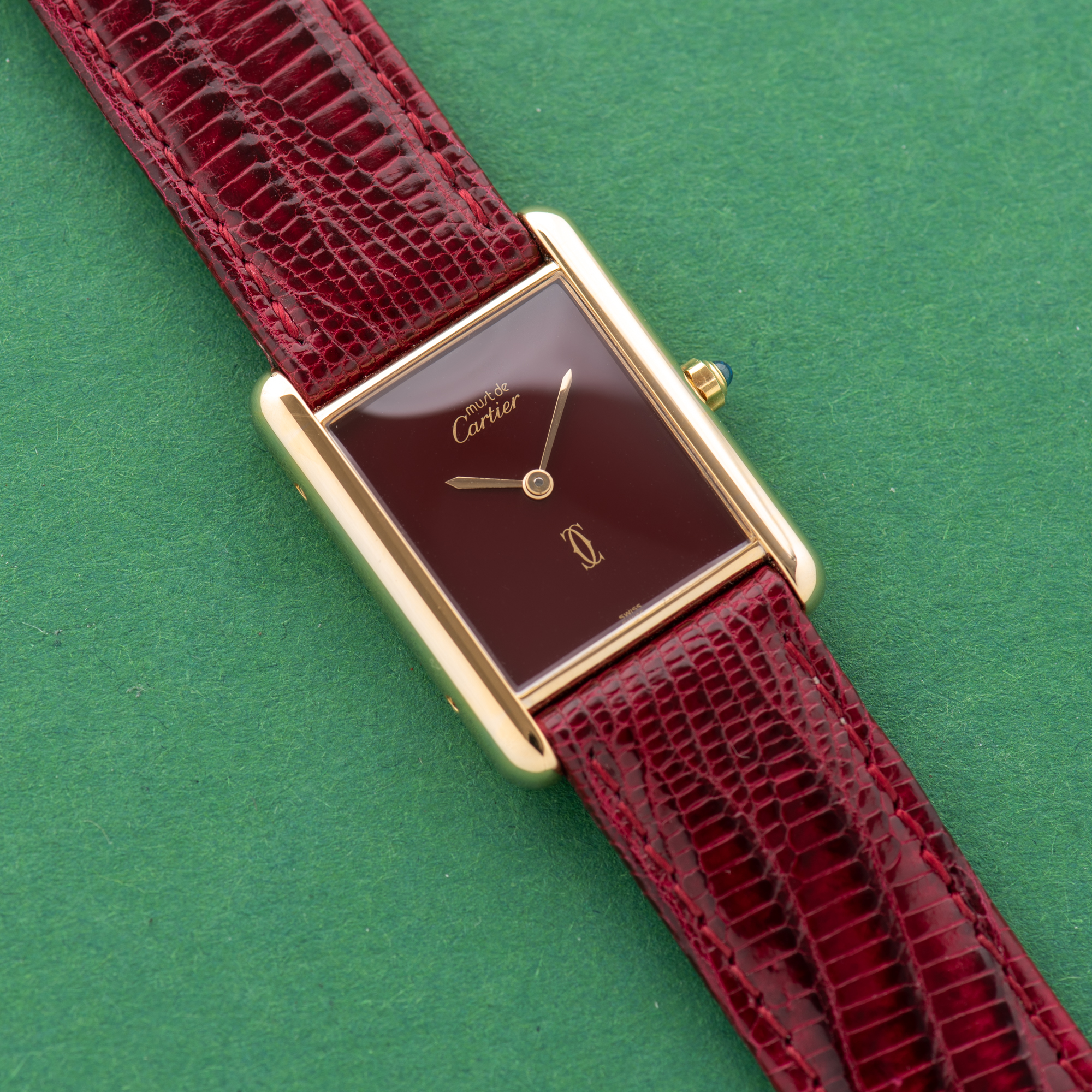 View of Cartier Tank De Must Vermeil Grand Model Bordeau Burgundy RedGM 1988 Ref 681006