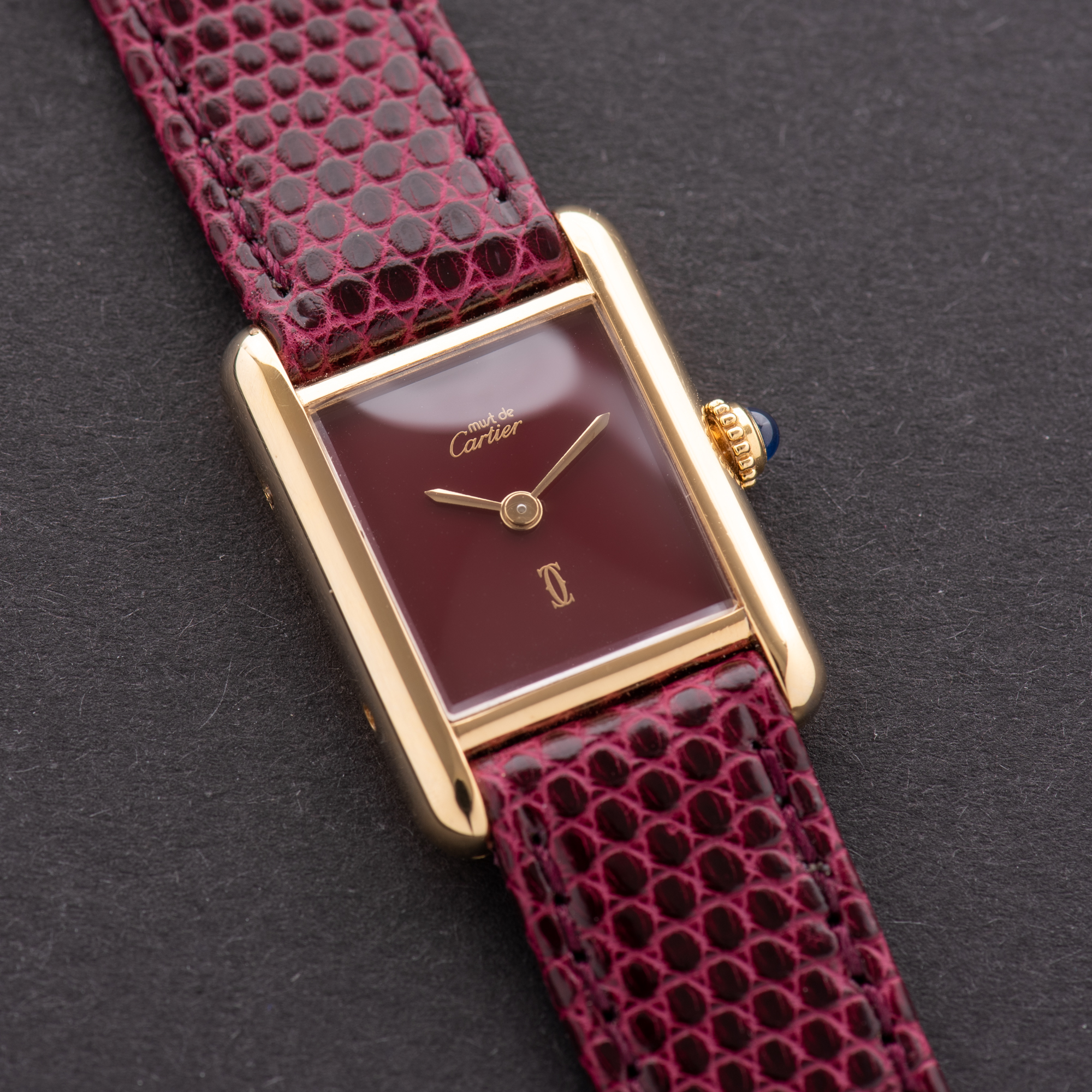 View of Cartier Tank De Must Vermeil Small Bordeau PM with Papers 1988 Ref 3 66001