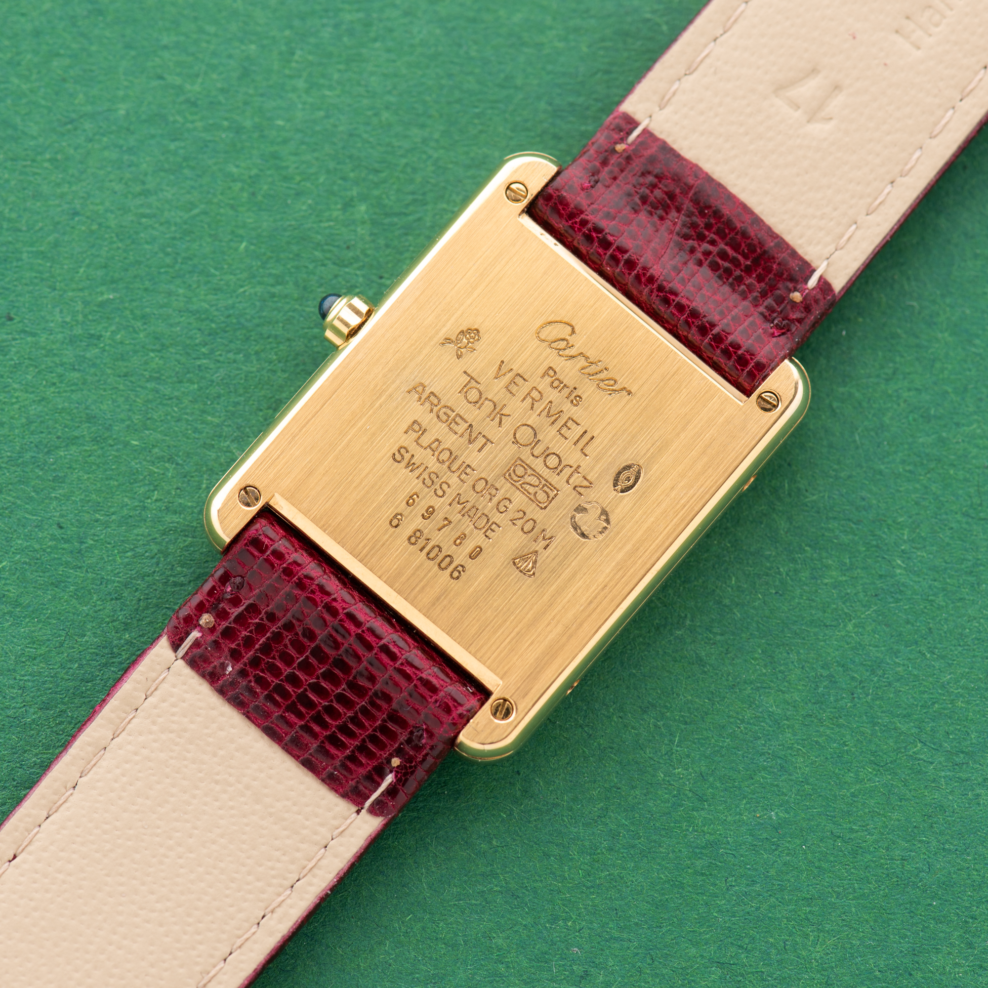 View of Cartier Tank De Must Vermeil Grand Model Bordeau Burgundy RedGM 1988 Ref 681006