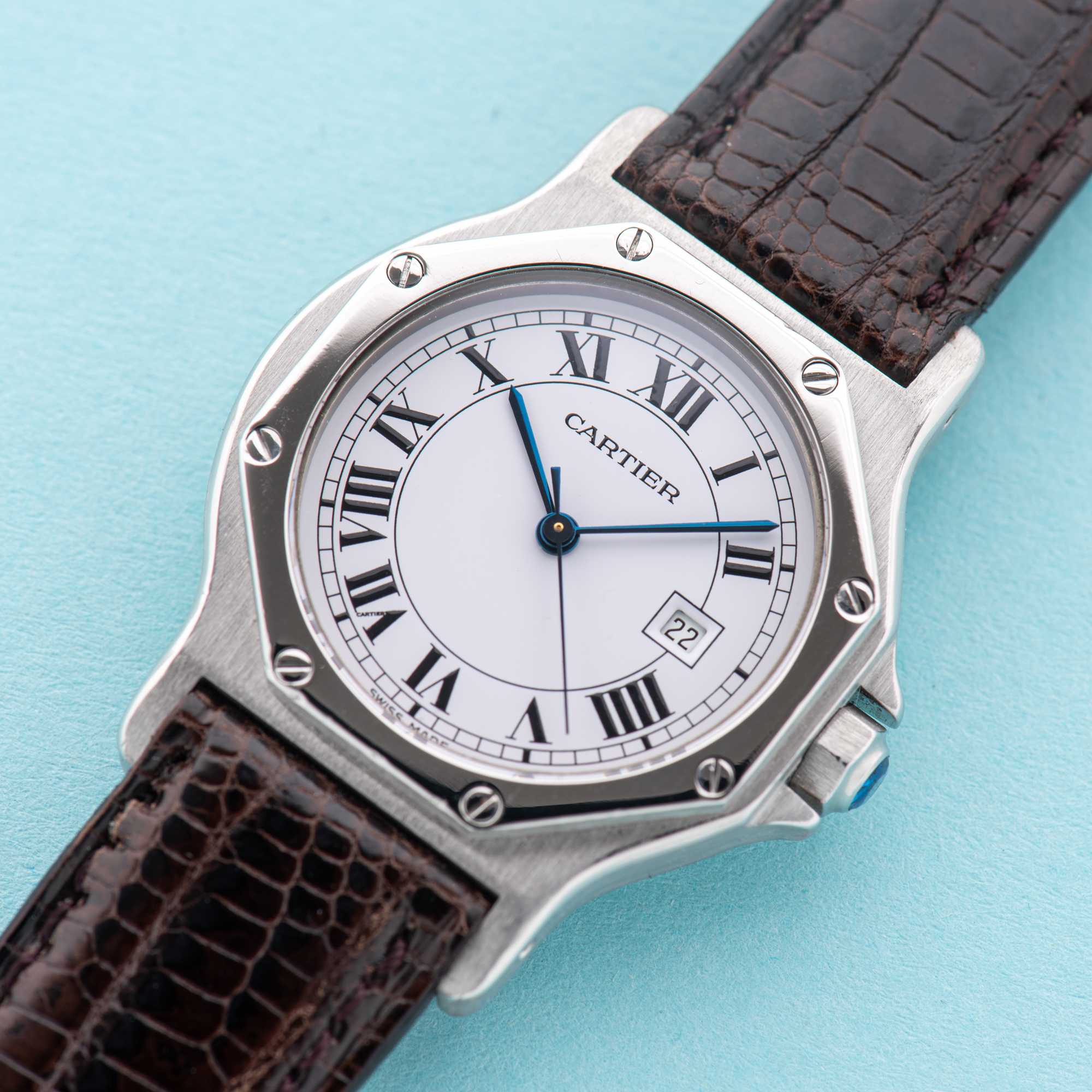 View of Cartier Santos Octagon Roman Dial Ref 2965