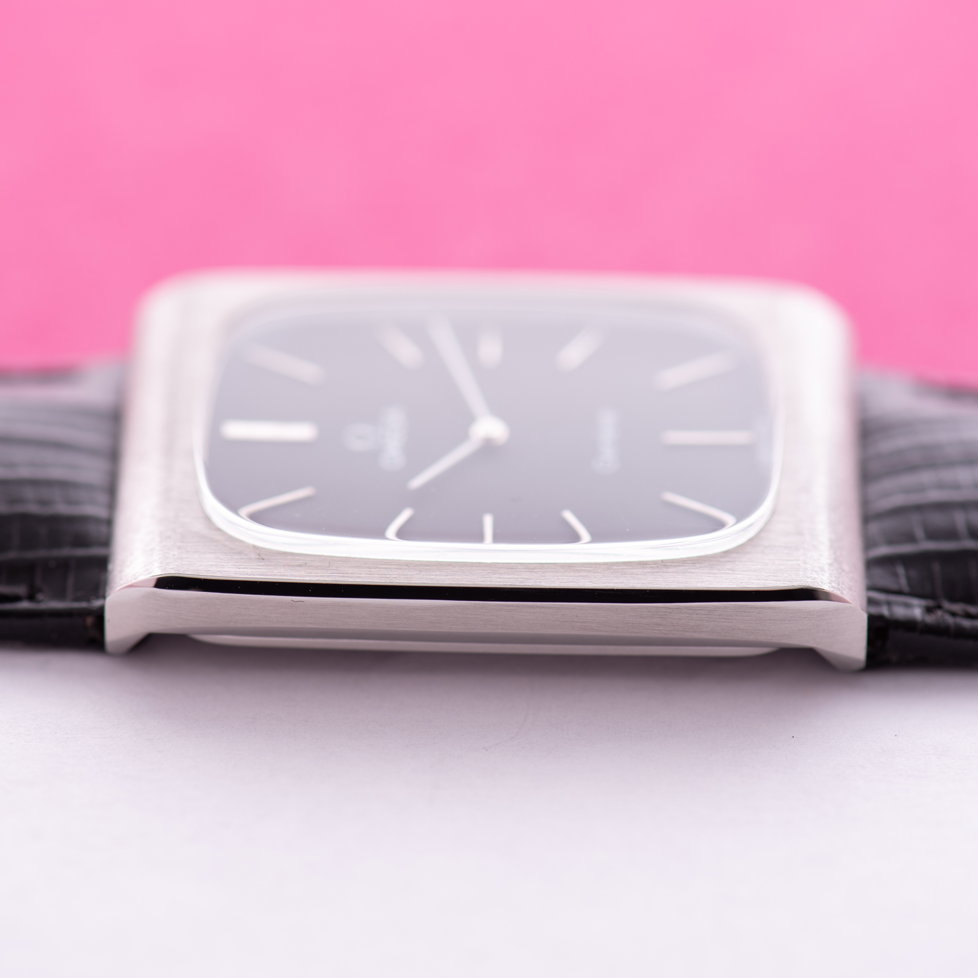 View of Omega Geneva Oversize Tank Rectangular Black dial matt Ref 111.0116