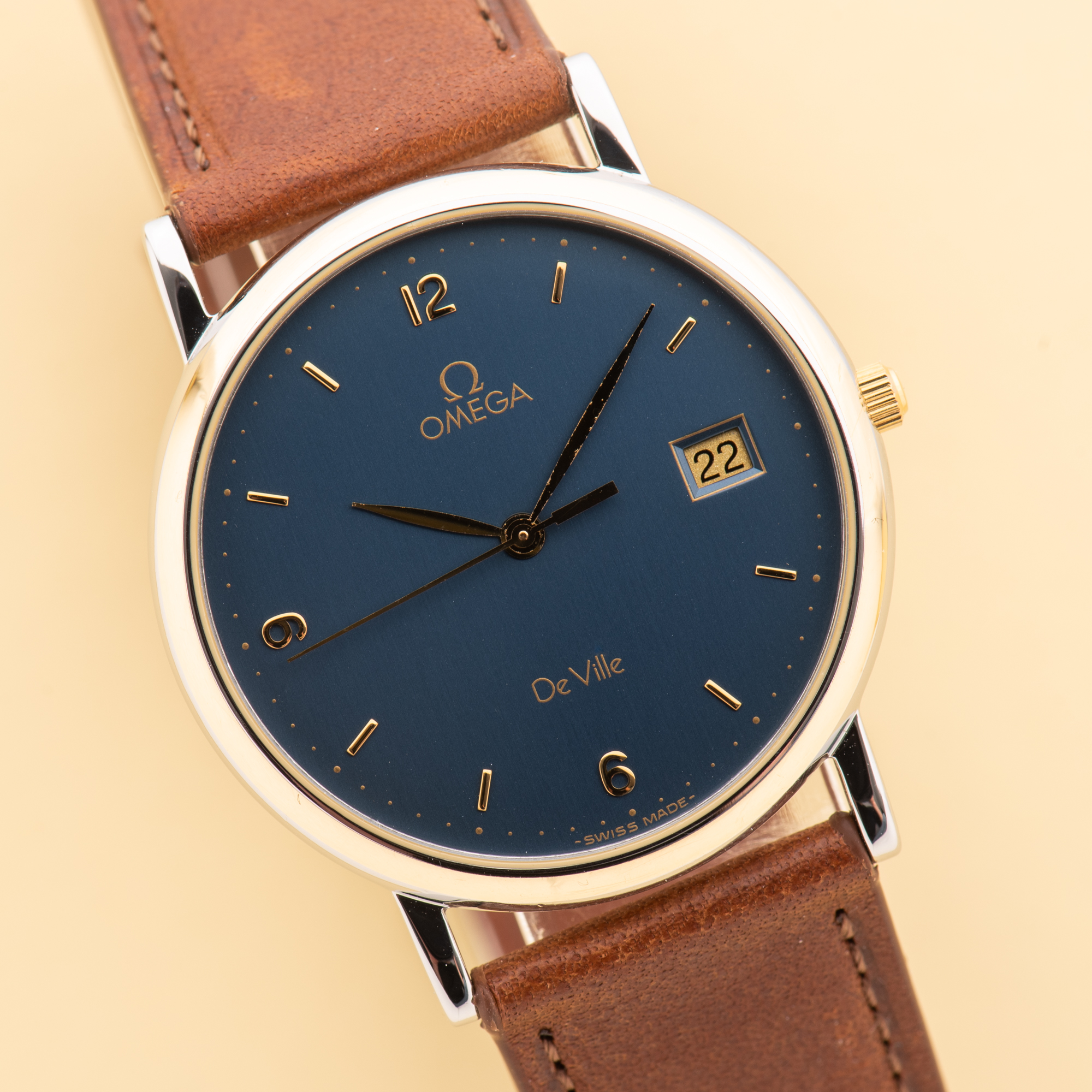 View of Omega de Ville Quartz Gold Steel Blue Dial Ref 196 2430