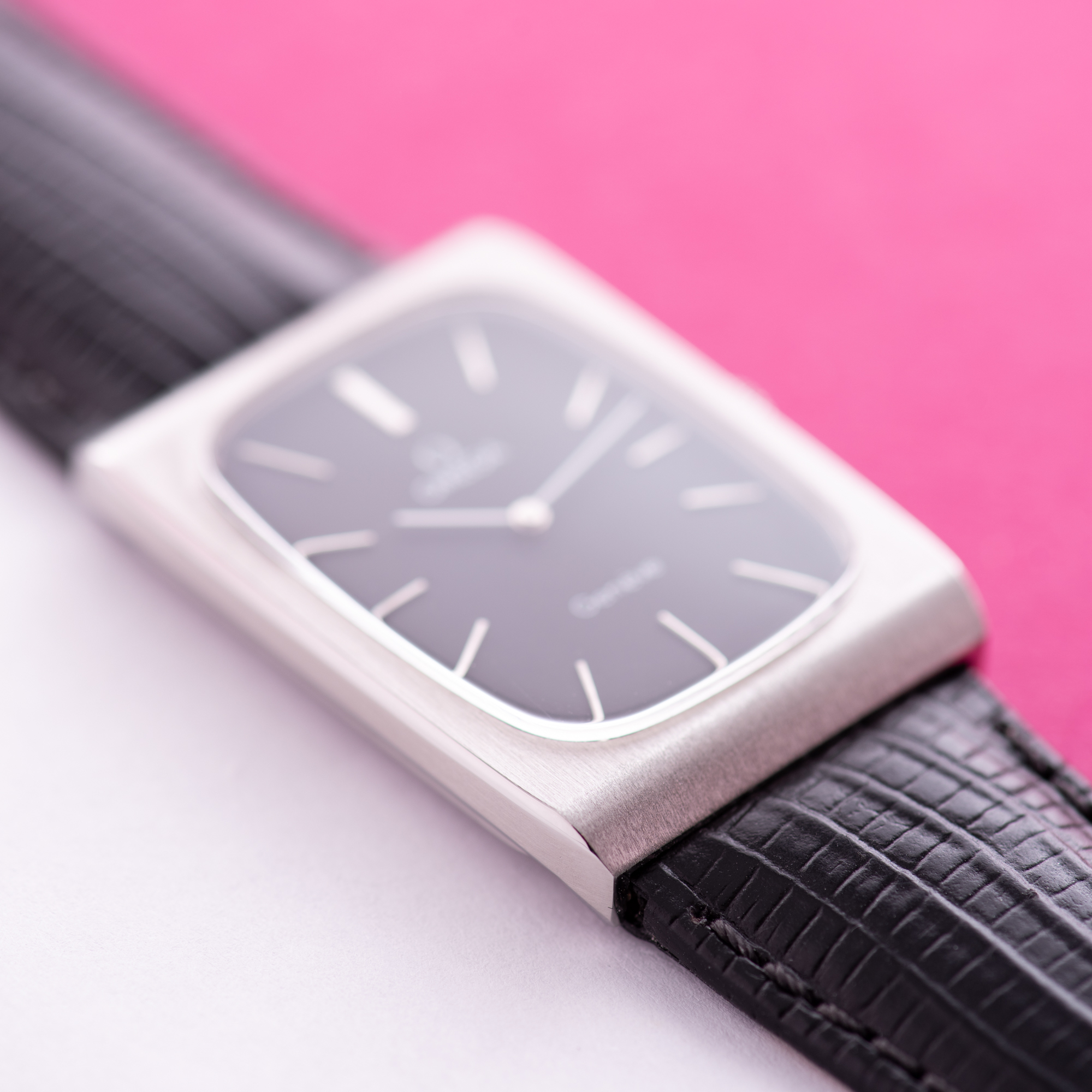 View of Omega Geneva Oversize Tank Rectangular Black dial matt Ref 111.0116