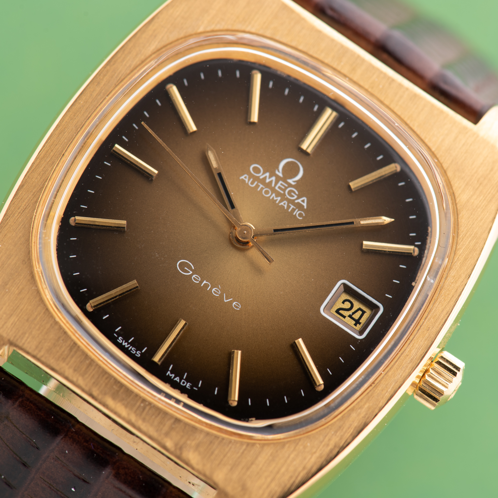 View of Omega Geneva Automatic Date Brown Vignette From 1974 Ref 166.0190