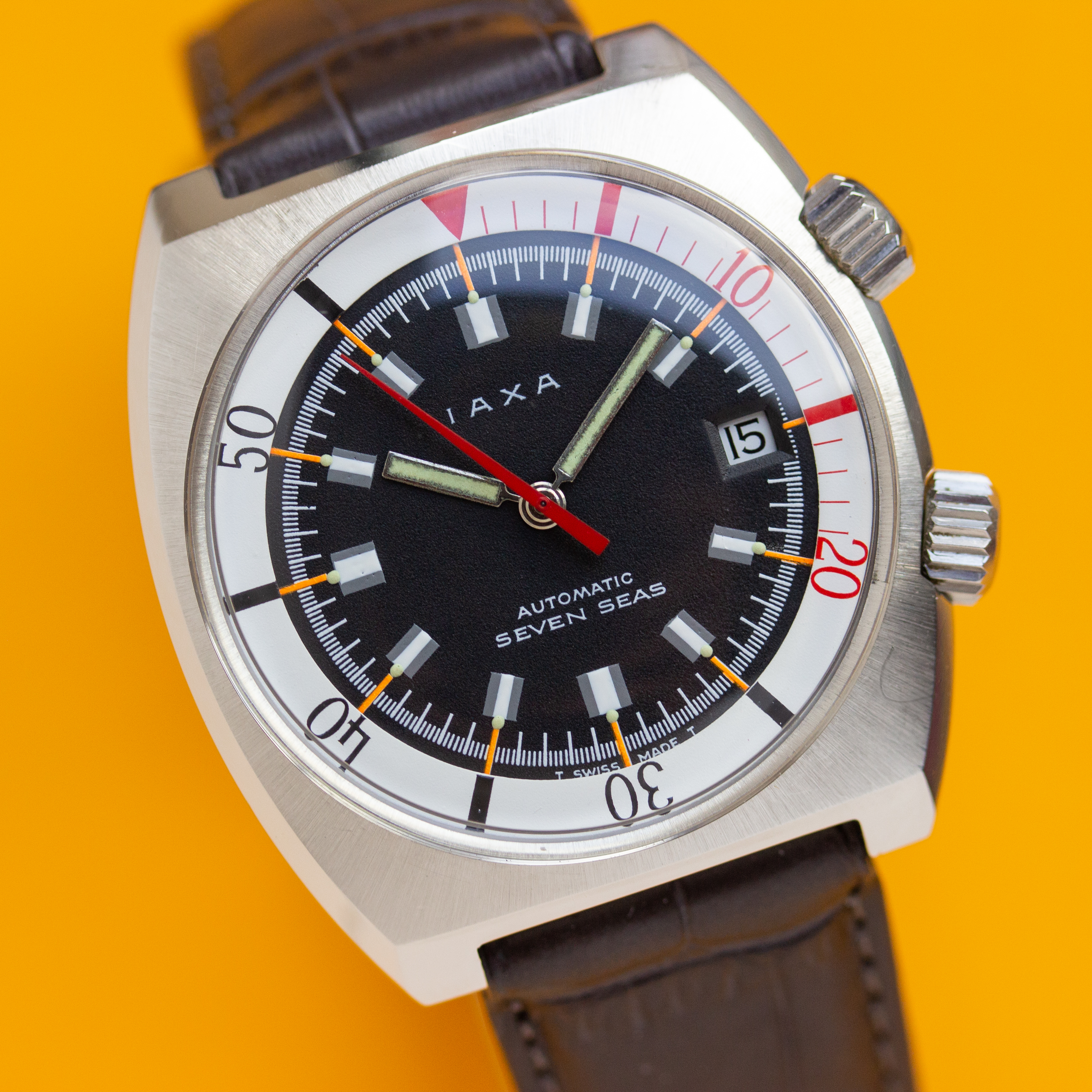 View of IAXA Seven Seas Automatic Super Compressor Diver Piquerez SA EPSA ref 7322